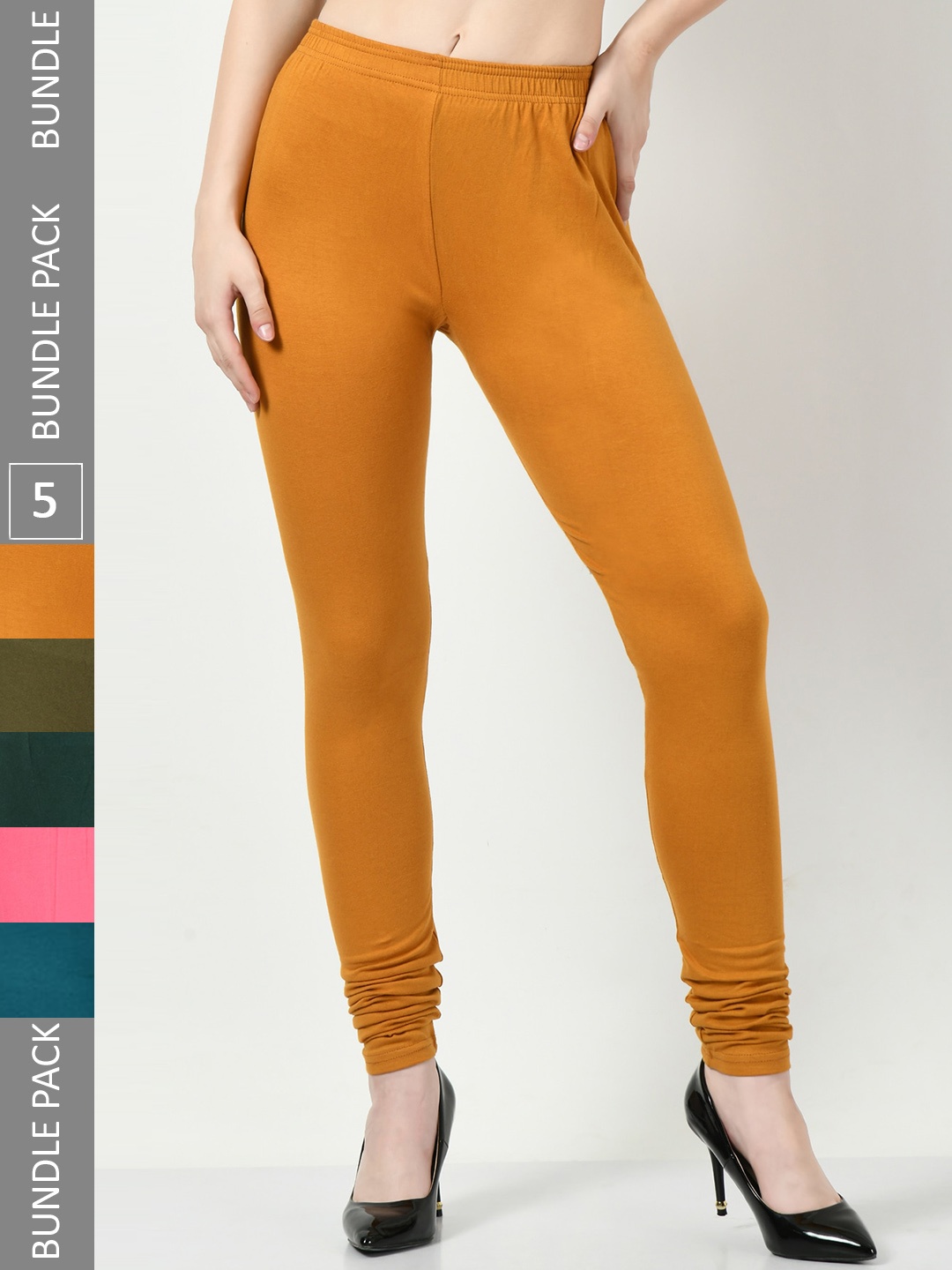 

BAESD Pack Of 5 Churidar-Length Slim-Fit Cotton Lycra Leggings, Mustard
