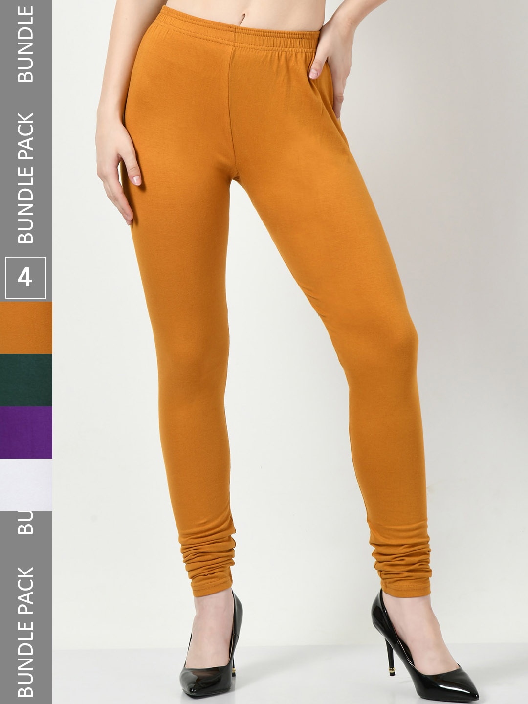 

BAESD Pack Of 4 Slim Fit Churidar-Length Cotton Lycra Leggings, Mustard