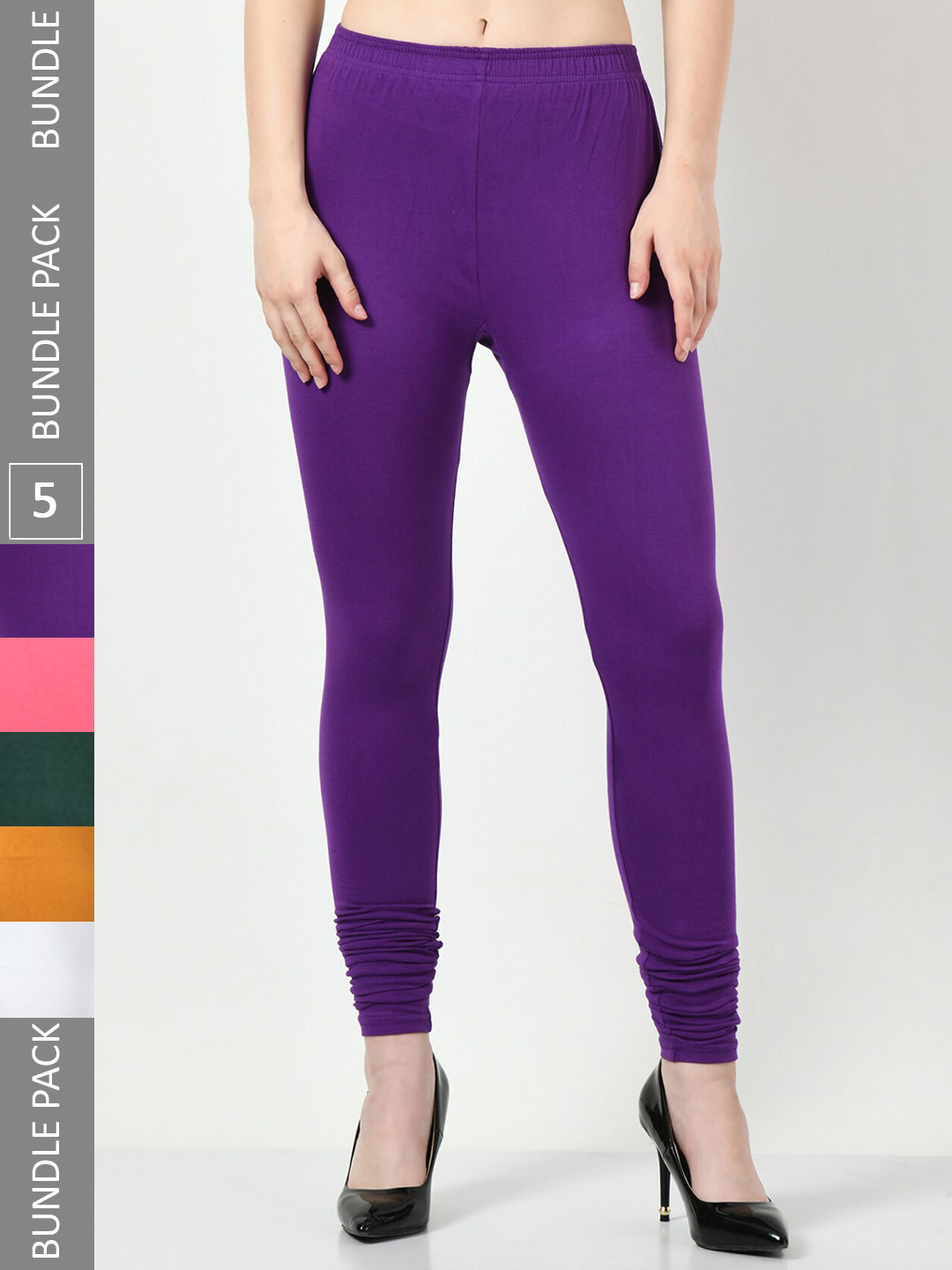 

BAESD Pack Of 5 Churidar-Length Cotton Lycra Slim-Fit Leggings, Green