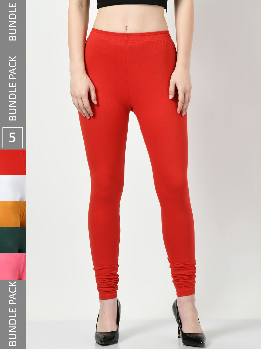 

BAESD Pack Of 5 Slim-Fit Churidar-Length Cotton Leggings, Red