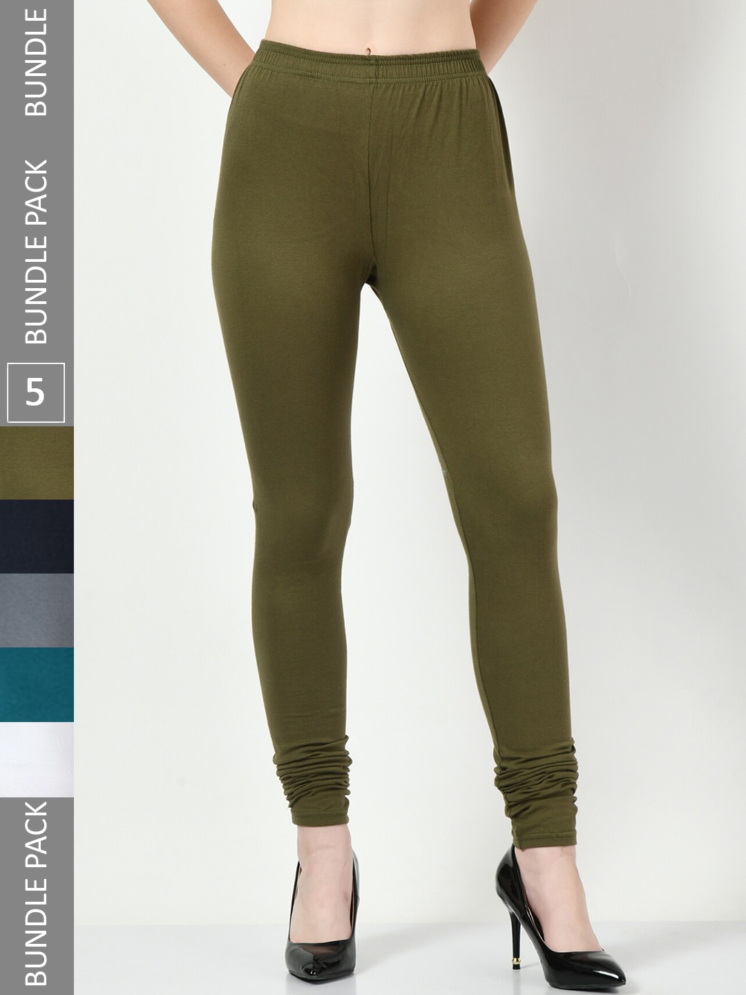 

BAESD Pack Of 5 Slim-Fit Churidar-Length Cotton Lycra Leggings, Olive
