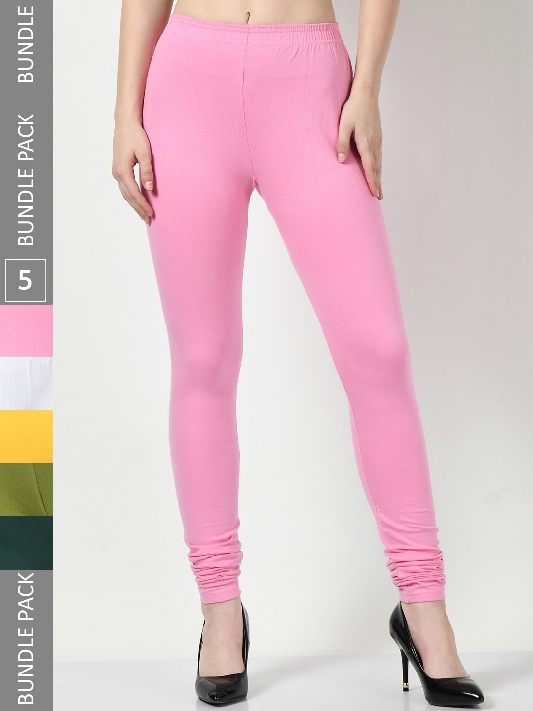 

BAESD Pack Of 5 Mid-Rise Cotton Lycra Churidar Length Leggings, Pink