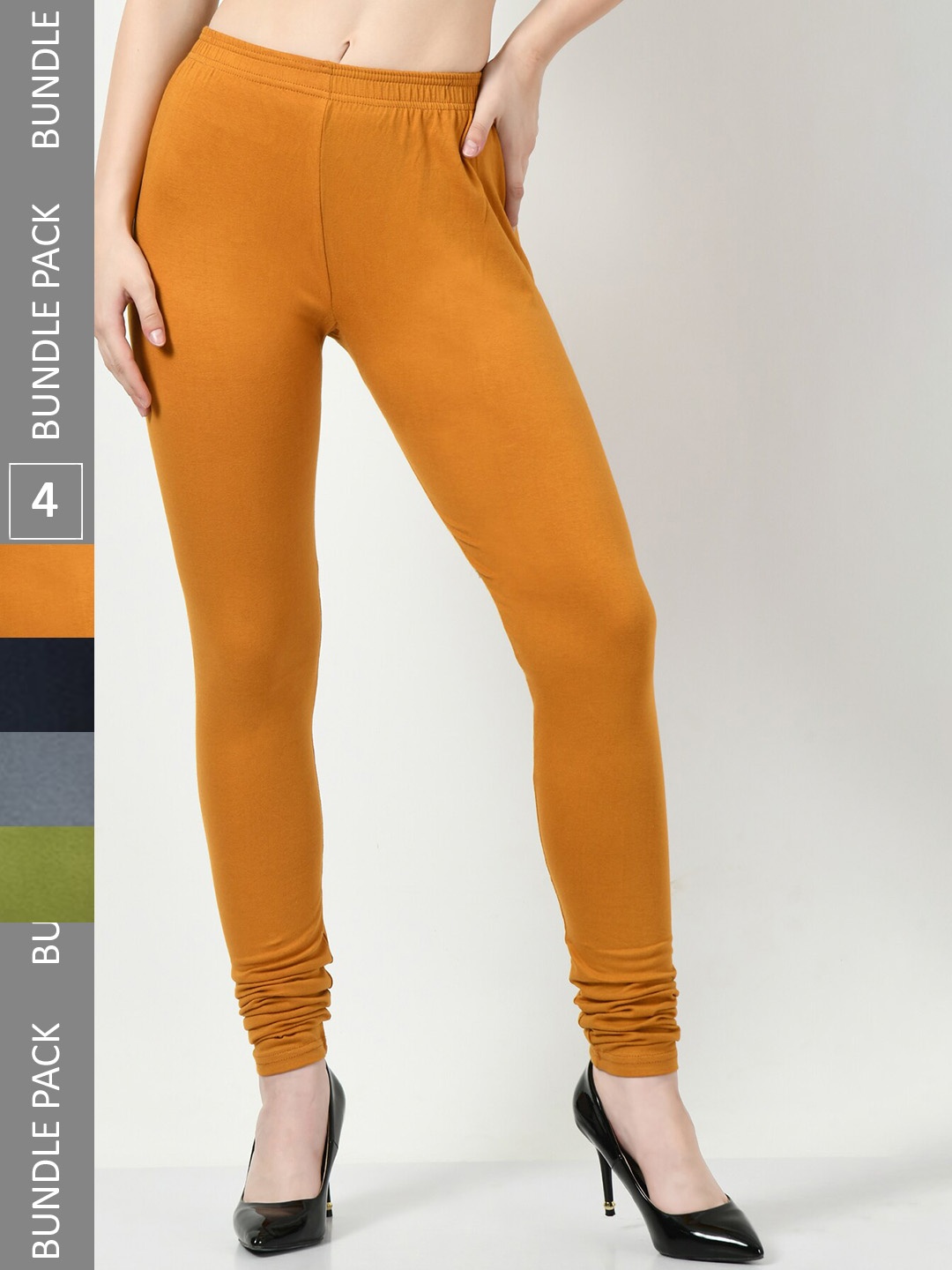 

BAESD Pack Of 4 Slim Fit Churidar-Length Cotton Lycra Leggings, Mustard