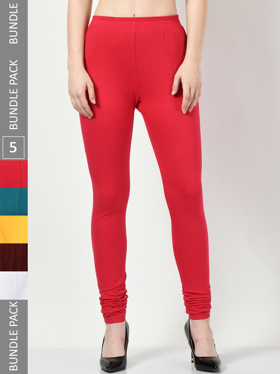 

BAESD Women Pack of 5 Churidar-Length Cotton Leggings, Red