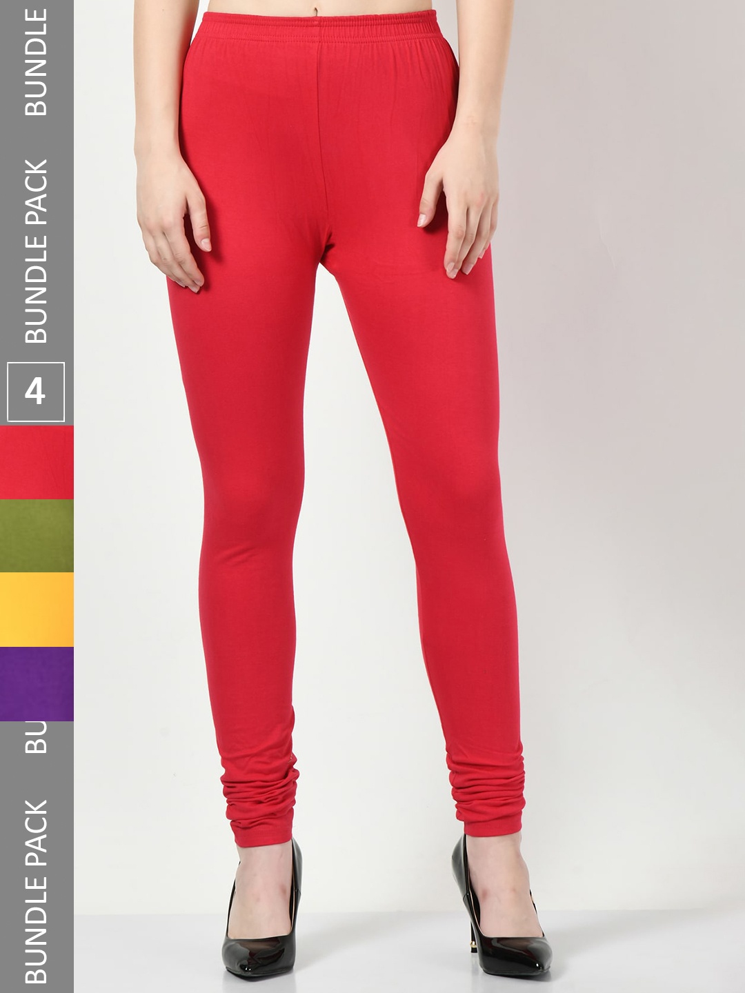 

BAESD Pack Of 4 Churidar-Length Cotton Lycra Leggings, Red