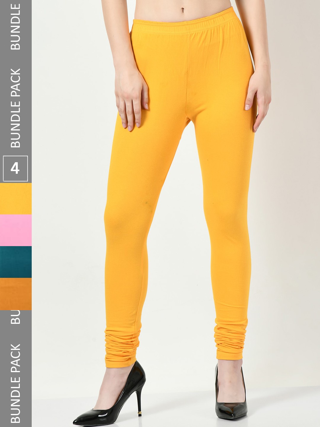 

BAESD Pack Of 4 Mid-Rise Cotton Lycra Churidar Length Leggings, Yellow