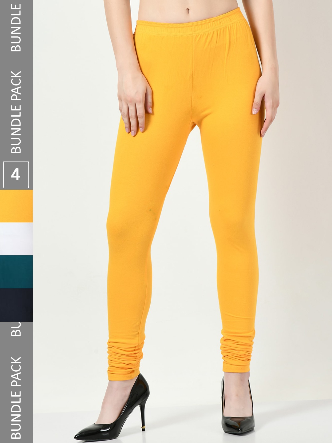 

BAESD Pack Of 4 Mid-Rise Cotton Lycra Churidar Length Leggings, Yellow