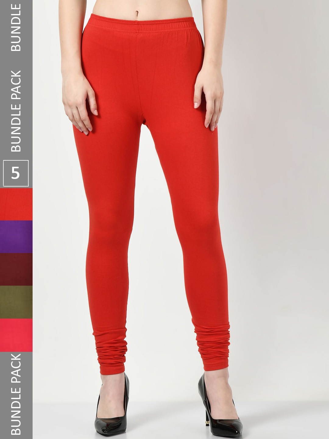 

BAESD Pack Of 5 Churidar-Length Cotton Lycra Leggings, Red