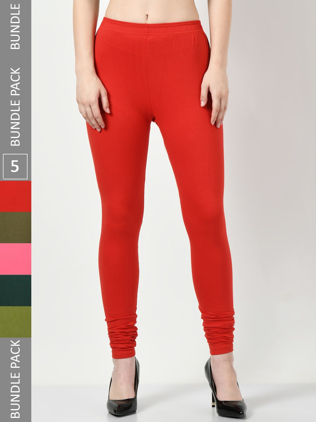 

BAESD Pack Of 5 Super Soft Churidar-Length Cotton Leggings, Red