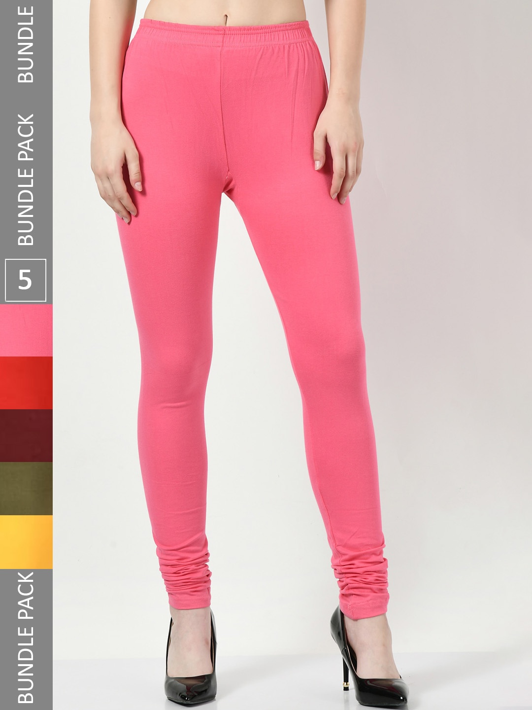 

BAESD Pack Of 5 Mid-Rise Cotton Lycra Churidar Length Leggings, Pink