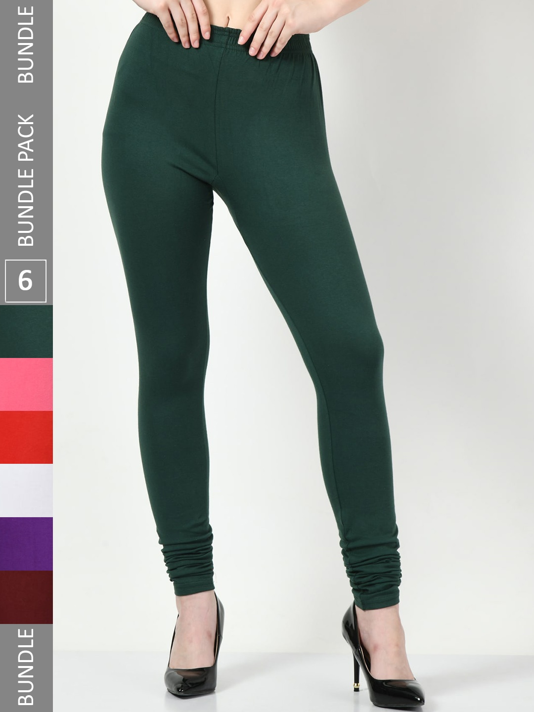 

BAESD Pack of 6 Cotton Lycra Churidar-Length Leggings, Green