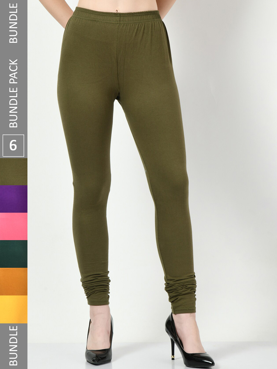 

BAESD Pack Of 6 Mid-Rise Cotton Lycra Churidar Length Leggings, Olive