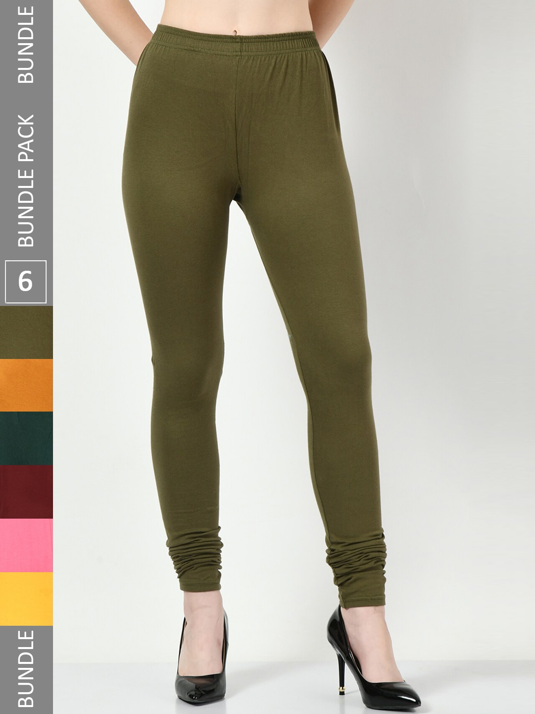 

BAESD Pack Of 6 Churidar Length Soft Cotton Lycra Leggings, Olive