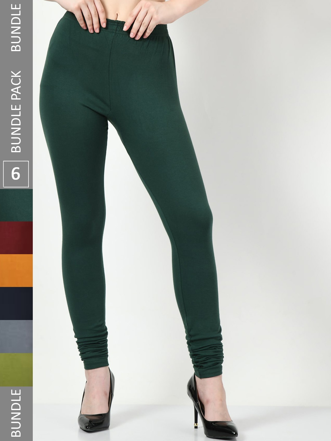 

BAESD Pack Of 6 Churidar-Length Soft Cotton Lycra Leggings, Green