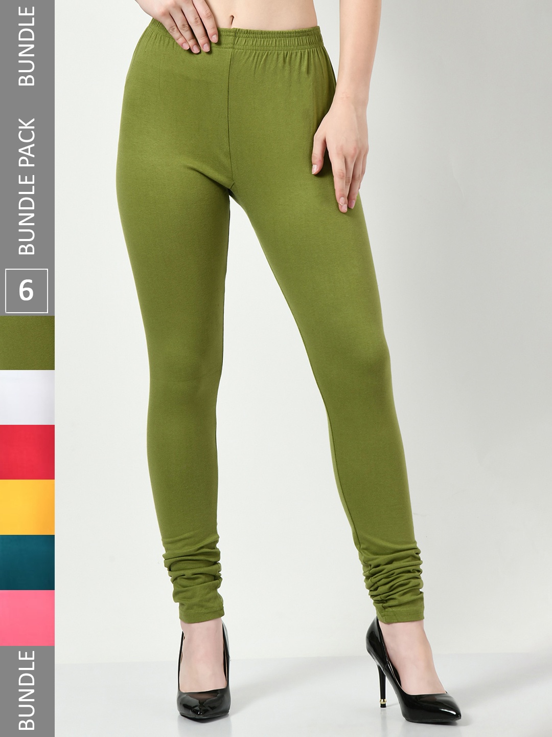 

BAESD Pack of 6 Cotton Lycra Churidar-Length Leggings, Olive