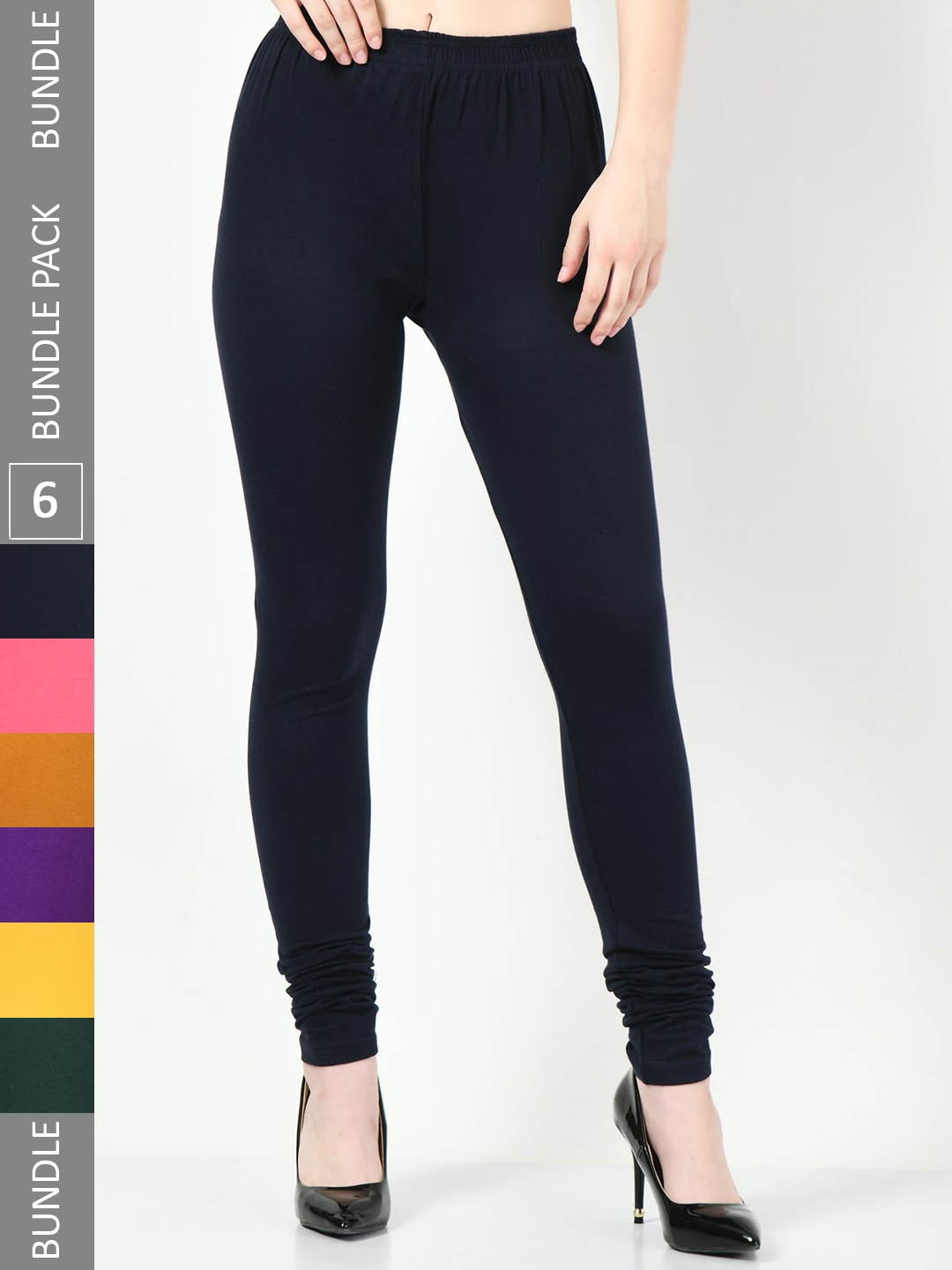 

BAESD Pack Of 6 Churidar Length Cotton Lycra Leggings, Navy blue