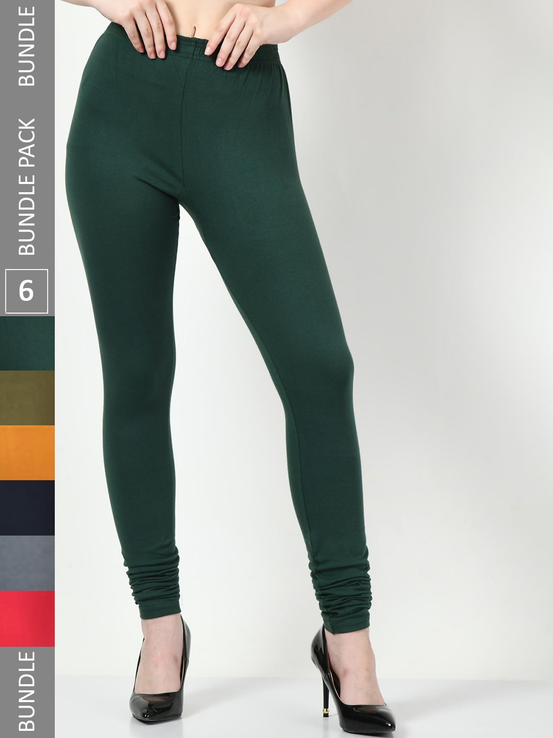 

BAESD Pack Of 6 Slim-Fit Churidar Length Leggings, Green