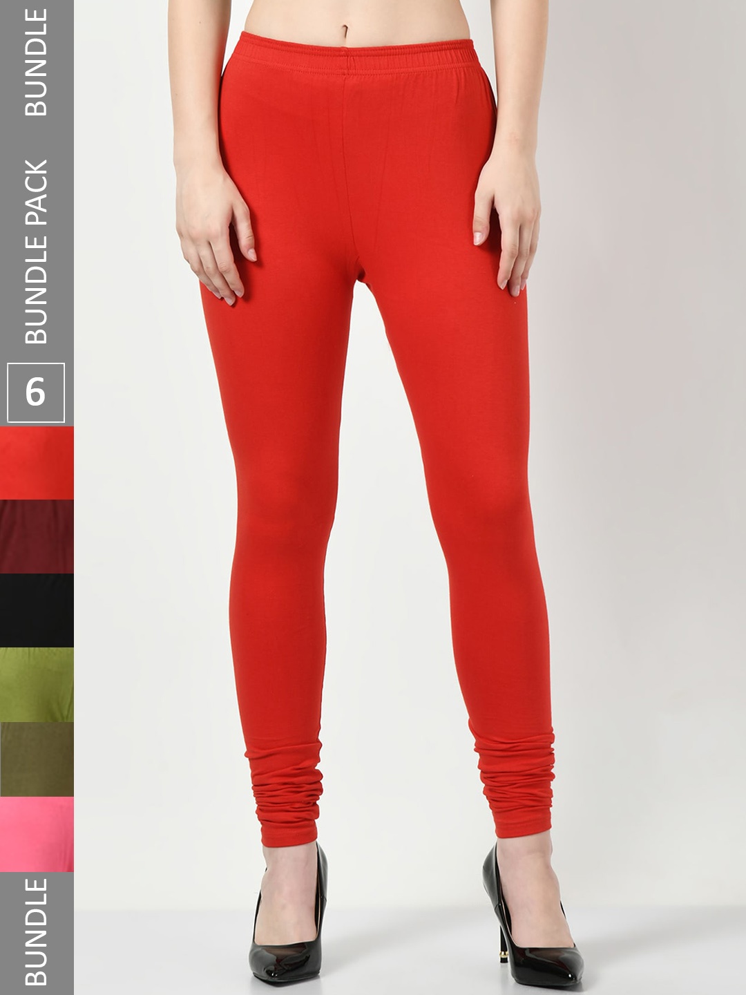

BAESD Women Pack Of 6 Slim-Fit Churidar-Length Leggings, Red