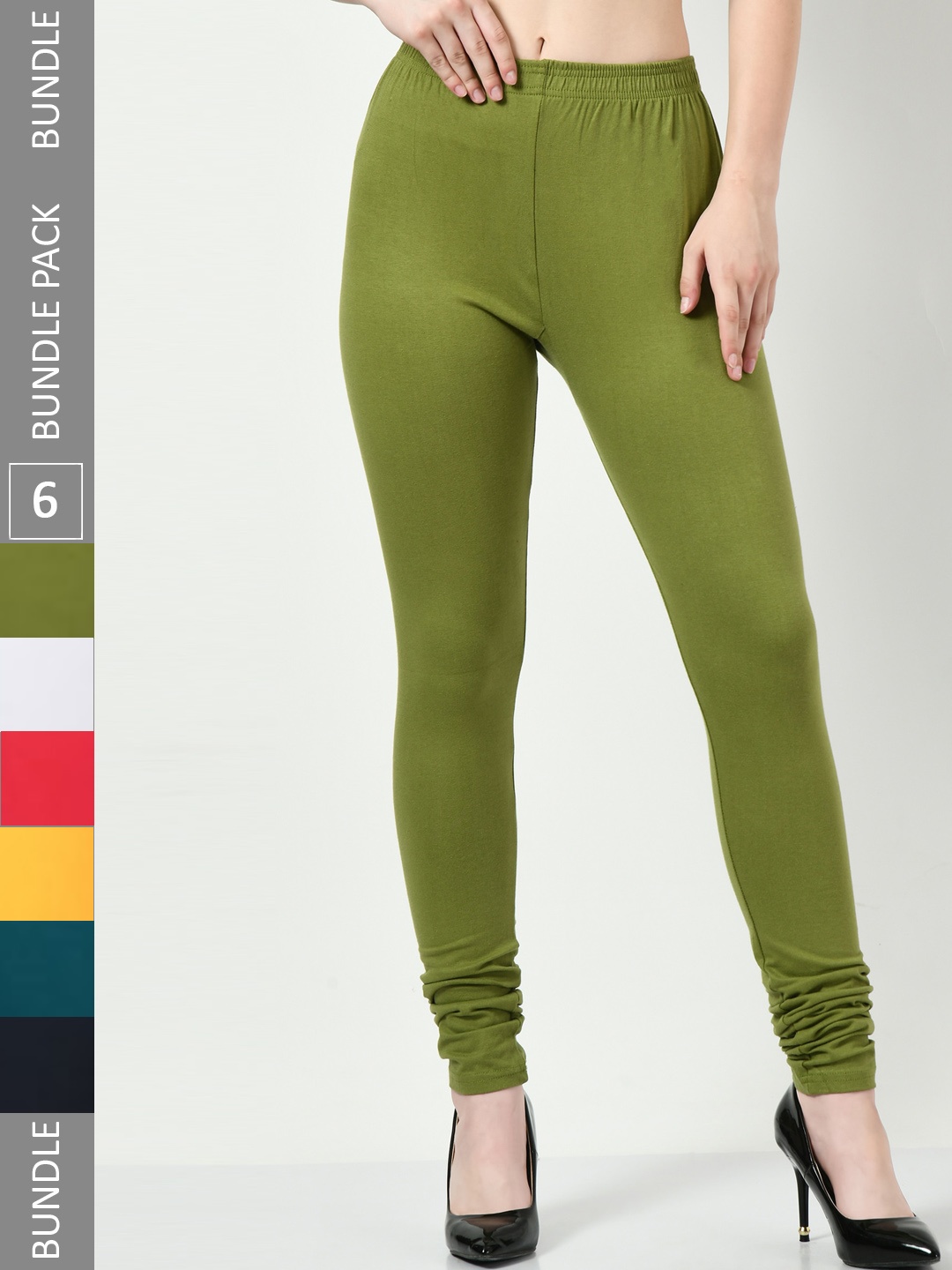 

BAESD Pack Of 6 Cotton Lycra Churidar-Length Leggings, Olive