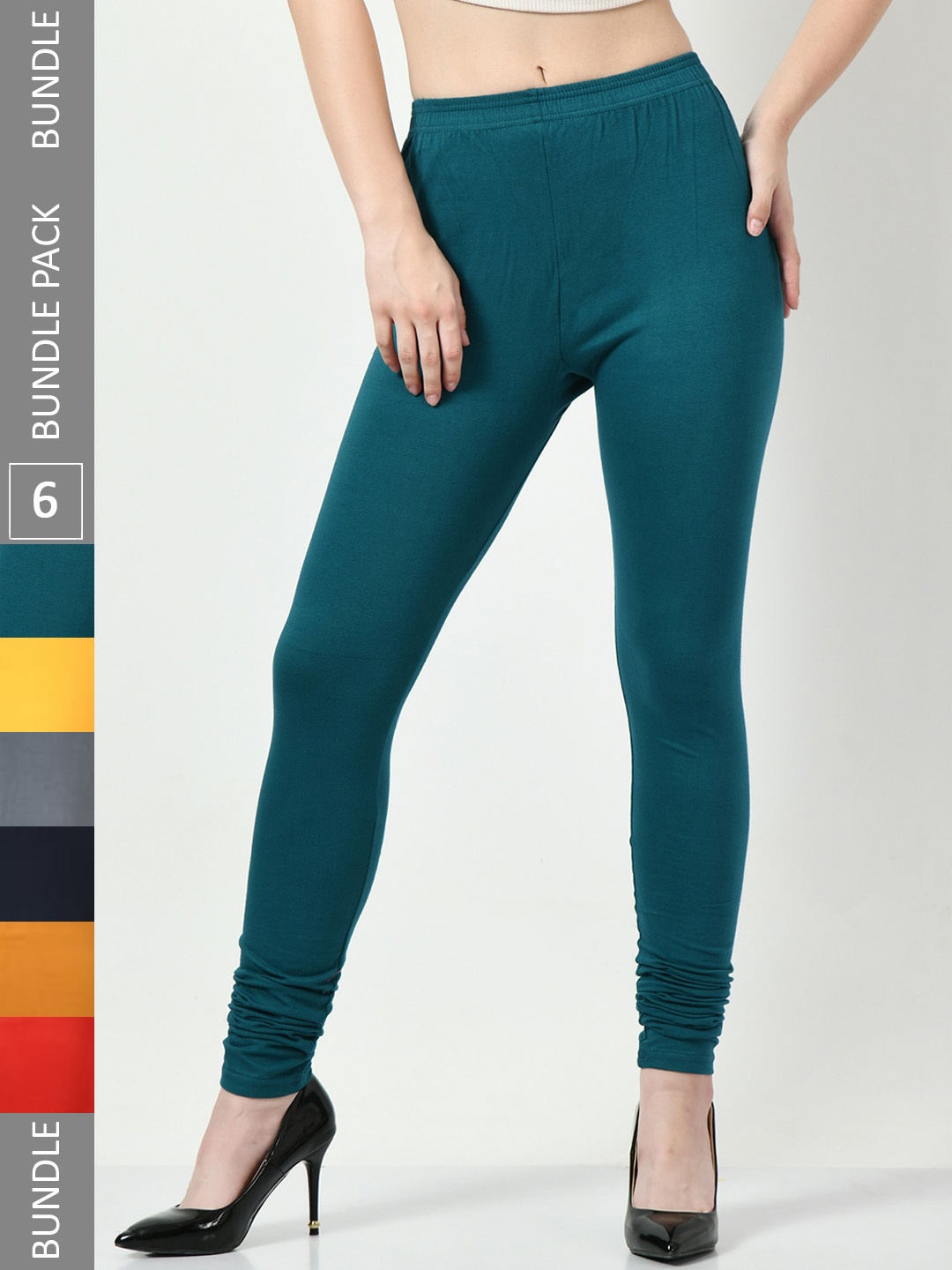 

BAESD Pack Of 6 Cotton Lycra Churidar-Length Leggings, Green