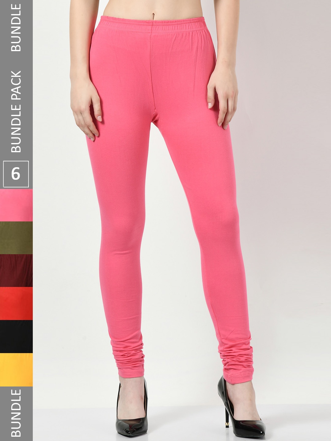 

BAESD Pack Of 6 Mid-Rise Cotton Churidar Length Leggings, Pink
