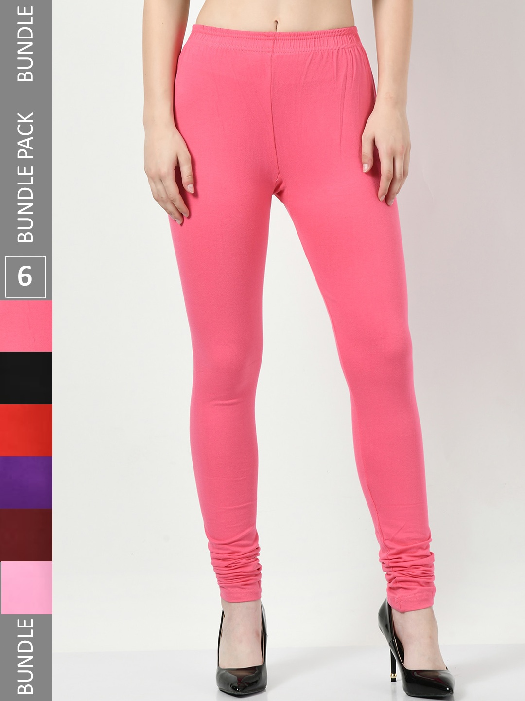 

BAESD Women Pack Of 6 Slim Fit Churidar-Length Leggings, Pink