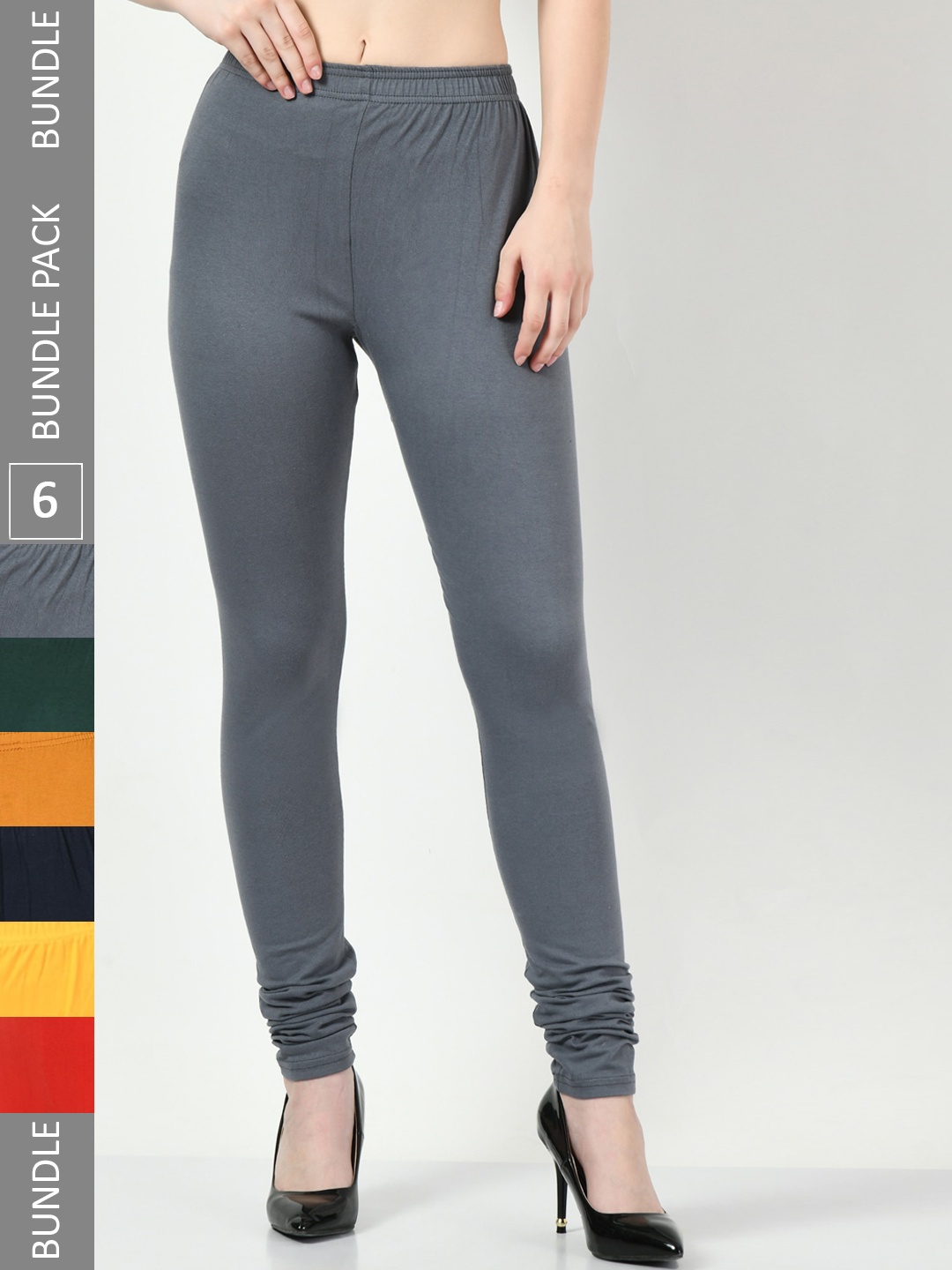 

BAESD Pack Of 6 Slim Fit Churidar-Length Cotton Lycra Leggings, Grey