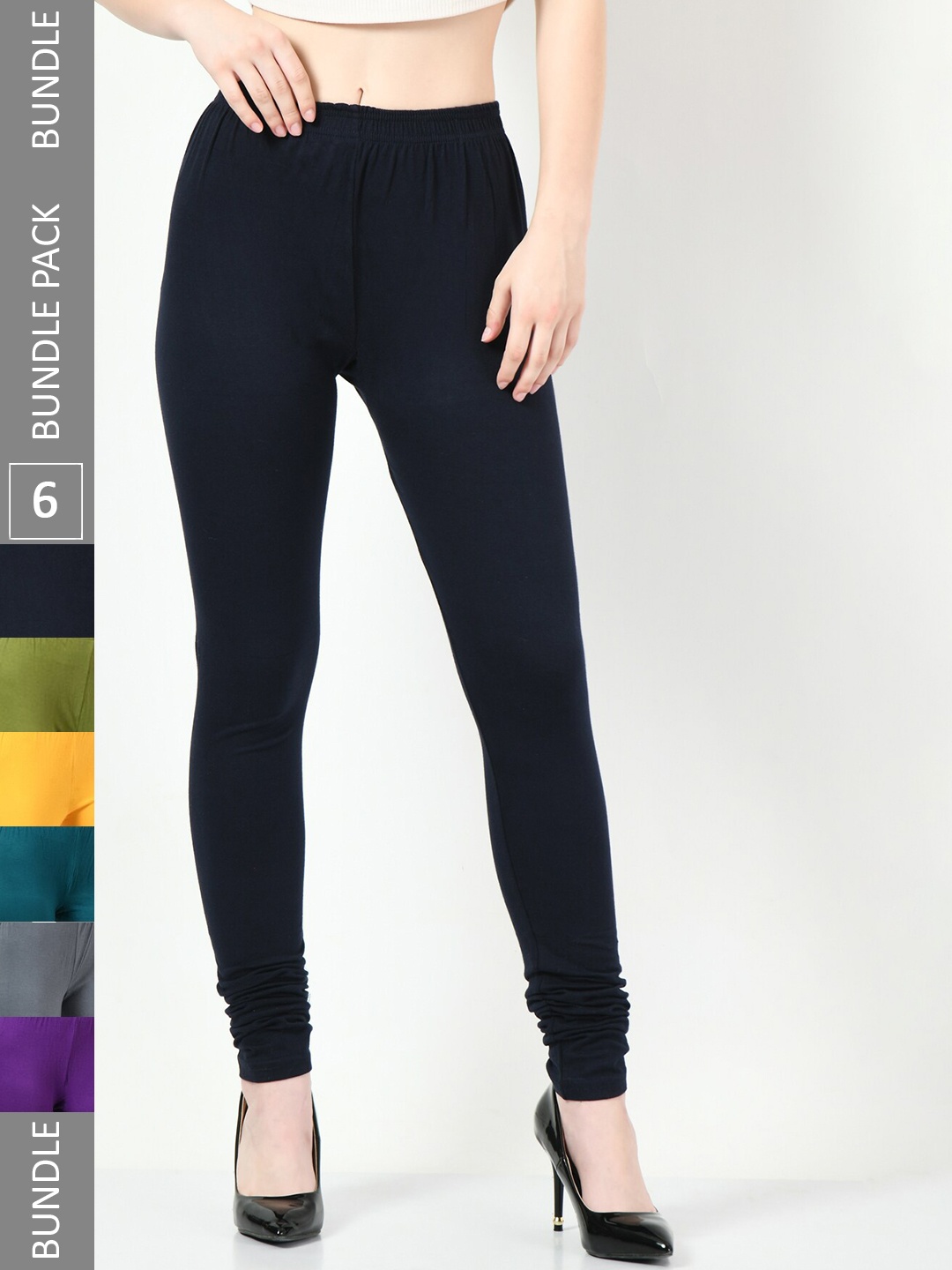 

BAESD Pack Of 6 Slim Fit Churidar-Length Cotton Lycra Leggings, Black