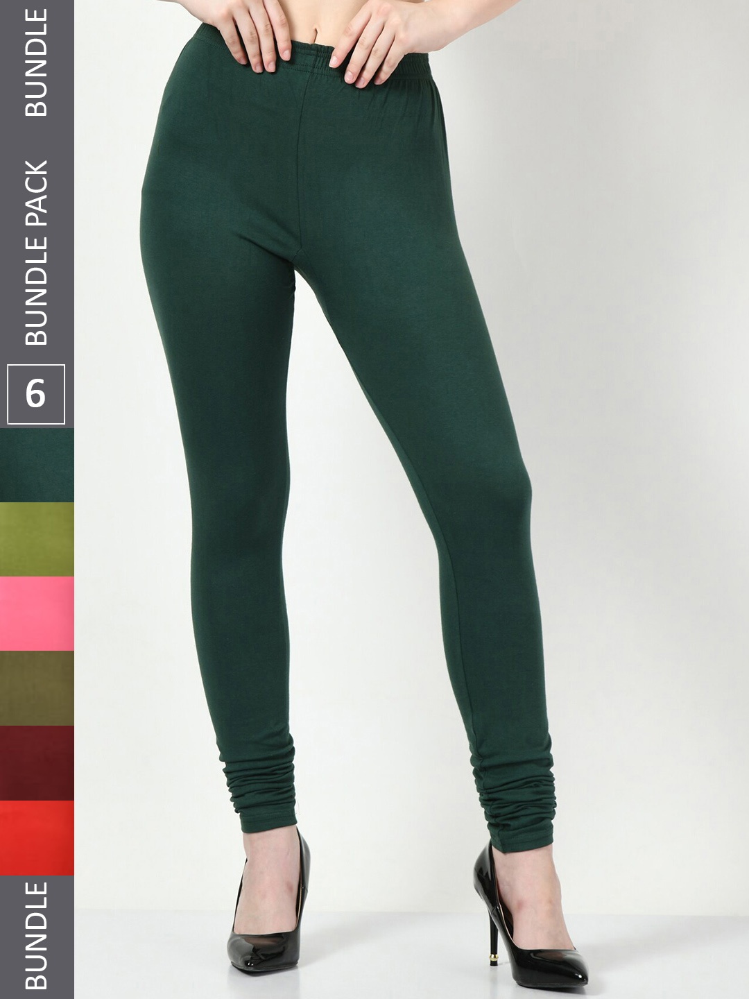 

BAESD Pack Of 6 Soft Slim Fit Churidar-Length Cotton Lycra Leggings, Green