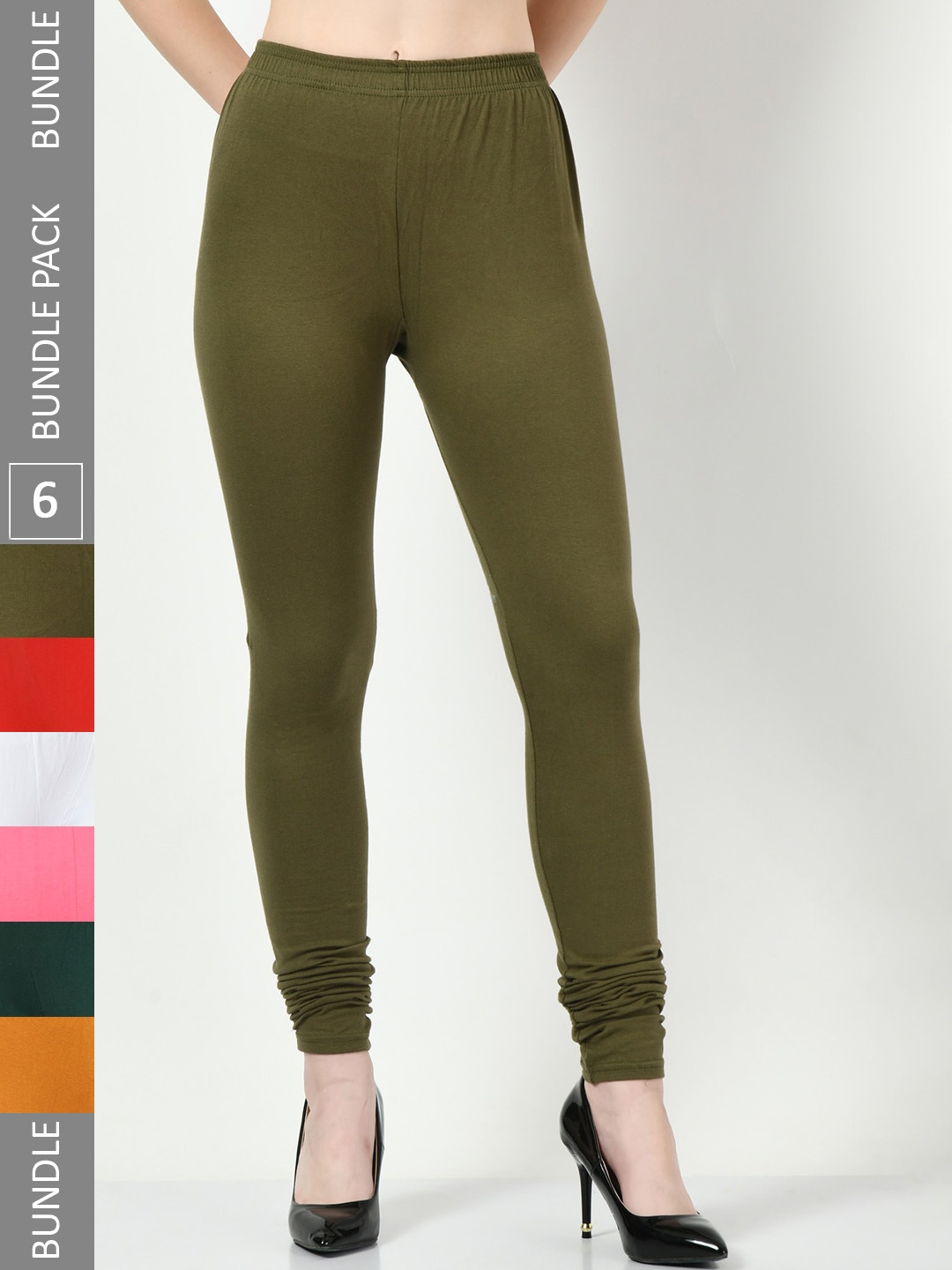 

BAESD Pack Of 6 Churidar-Length Cotton Lycra Leggings, Olive