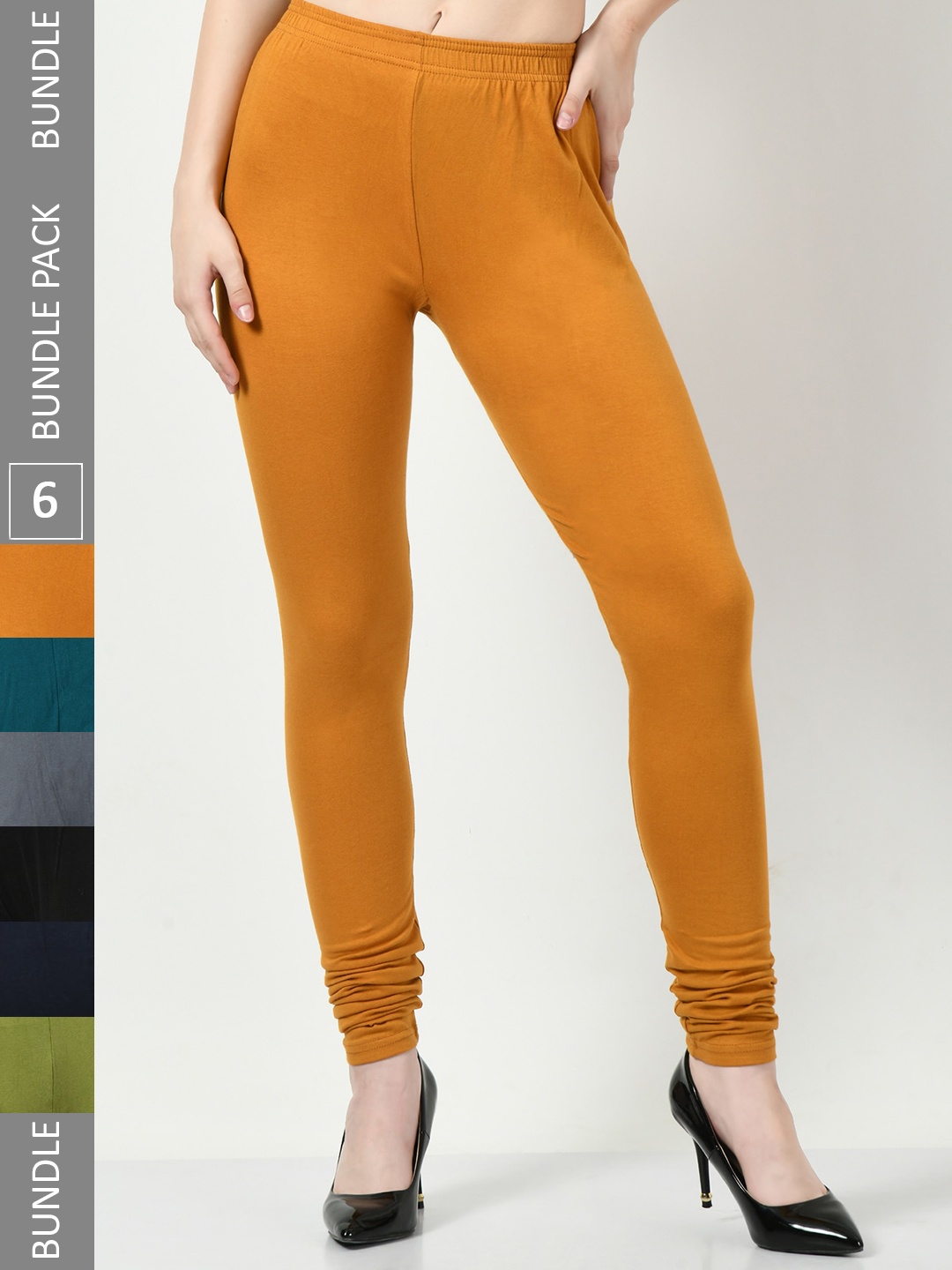 

BAESD Pack Of 6 Churidar-Length Cotton Lycra Leggings, Mustard