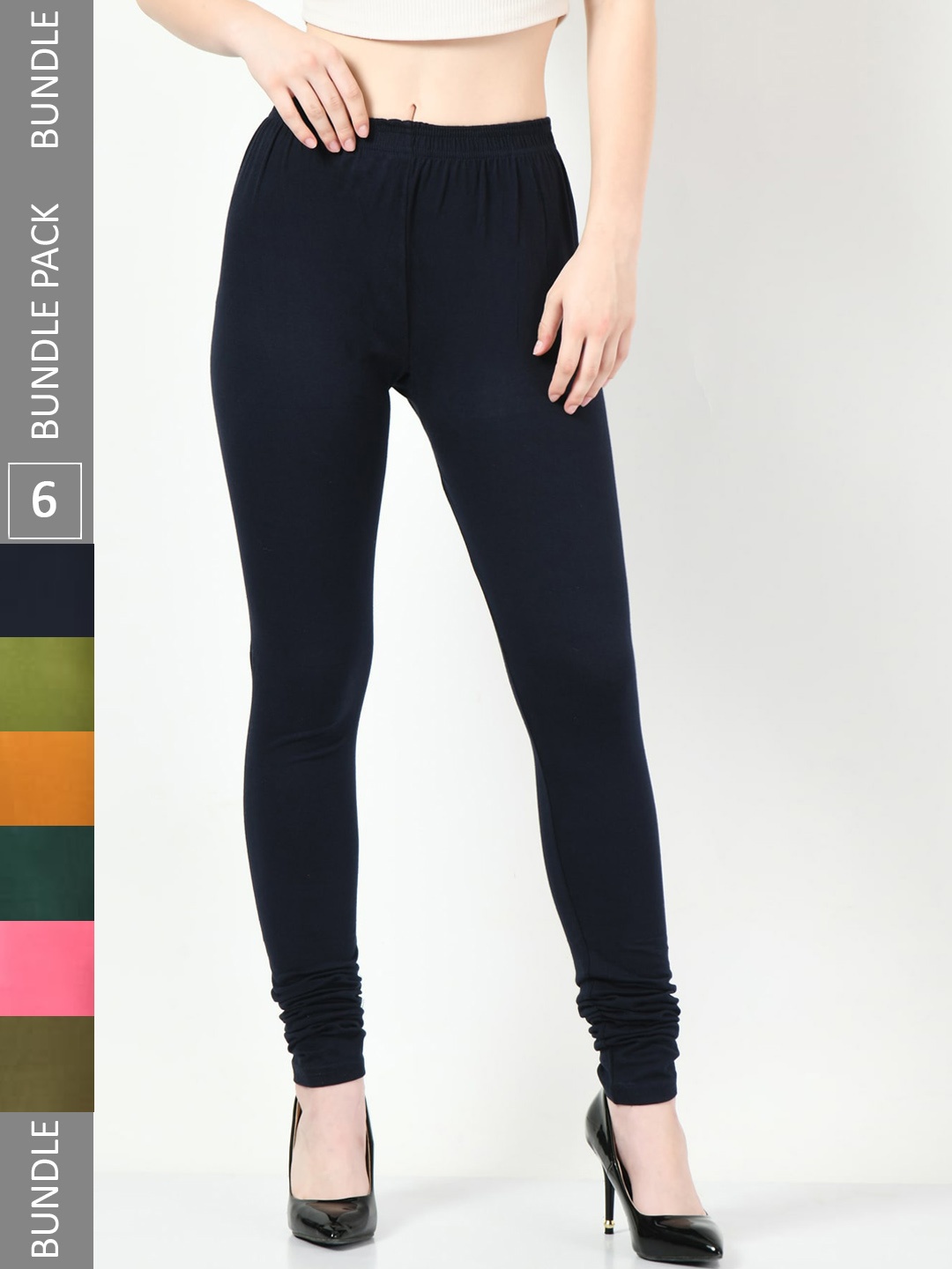 

BAESD Pack Of 6 Soft Slim Fit Churidar-Length Cotton Leggings, Navy blue