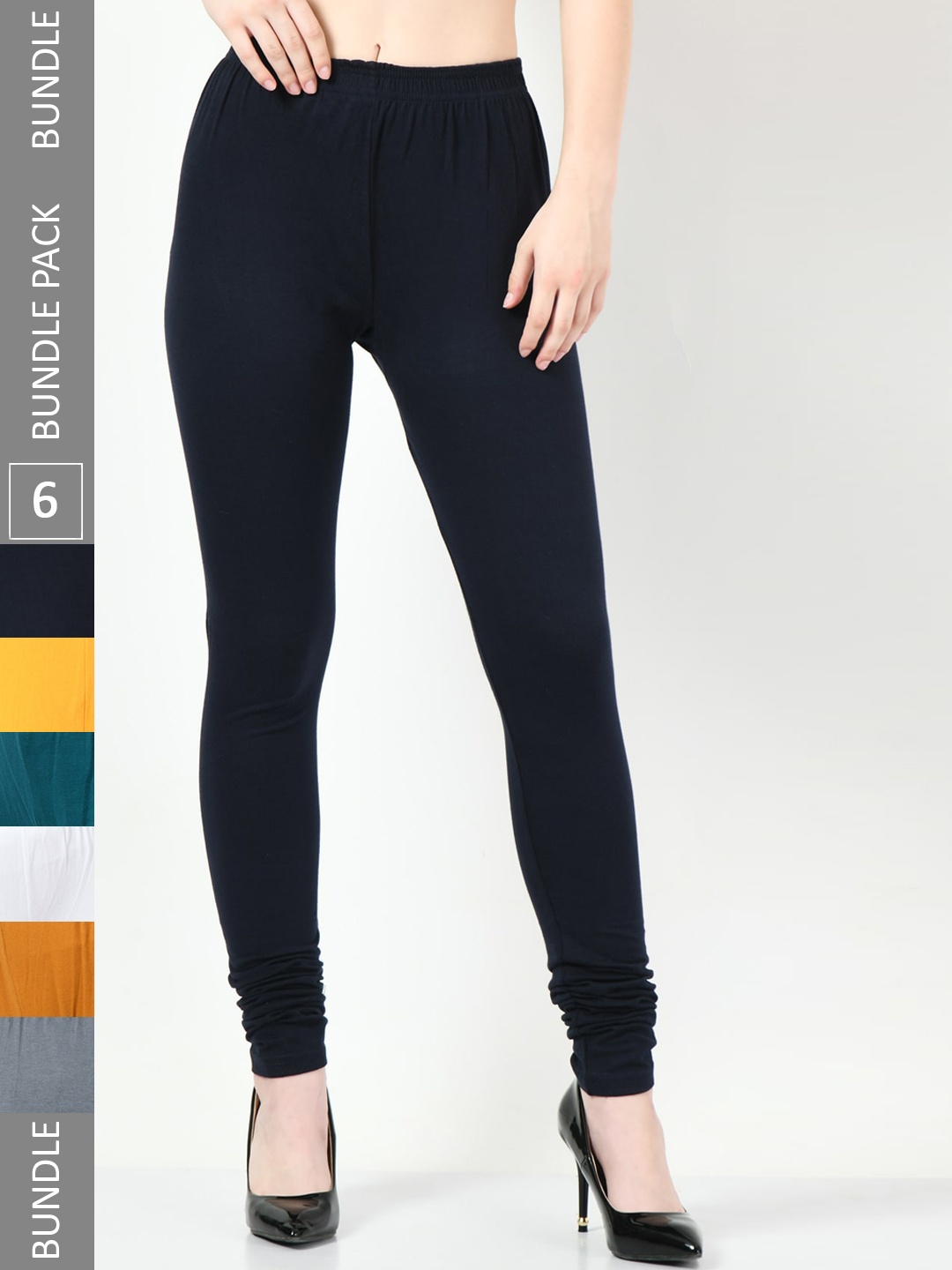 

BAESD Pack Of 6 Mid-Rise Cotton Lycra Churidar Length Leggings, Navy blue