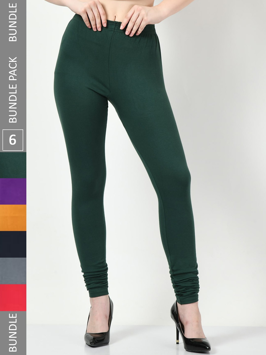 

BAESD Pack Of 6 Soft Slim Fit Churidar-Length Cotton Lycra Leggings, Green