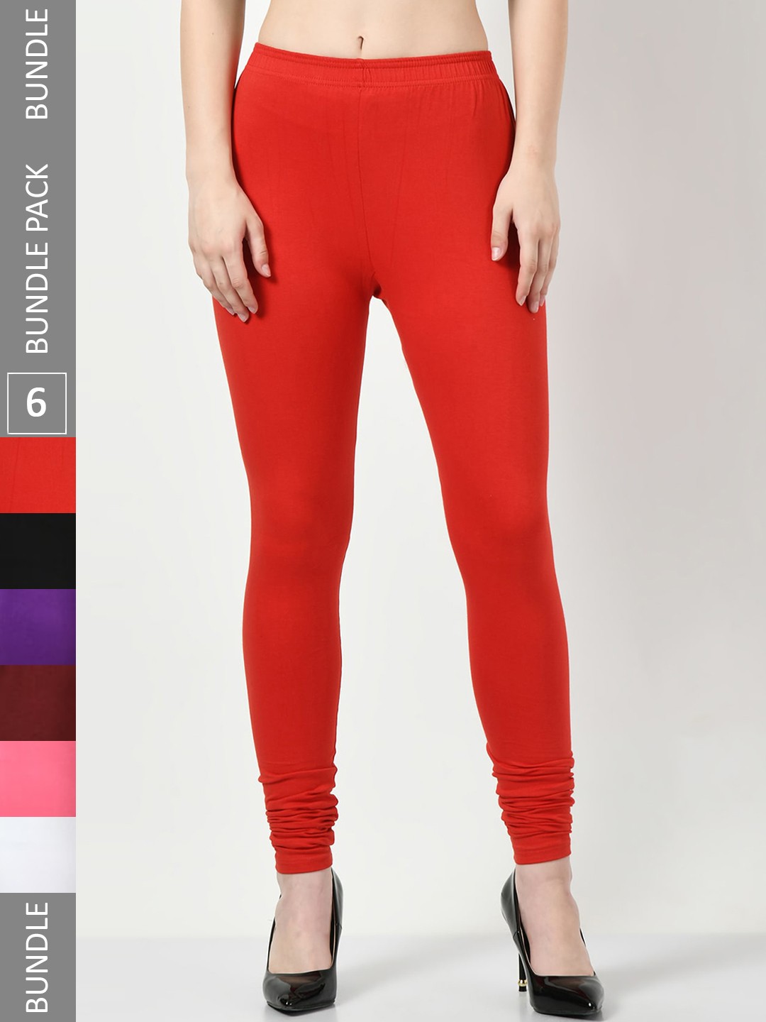 

BAESD Pack Of 6 Cotton Lycra Churidar Length Slim Fit Leggings, Red