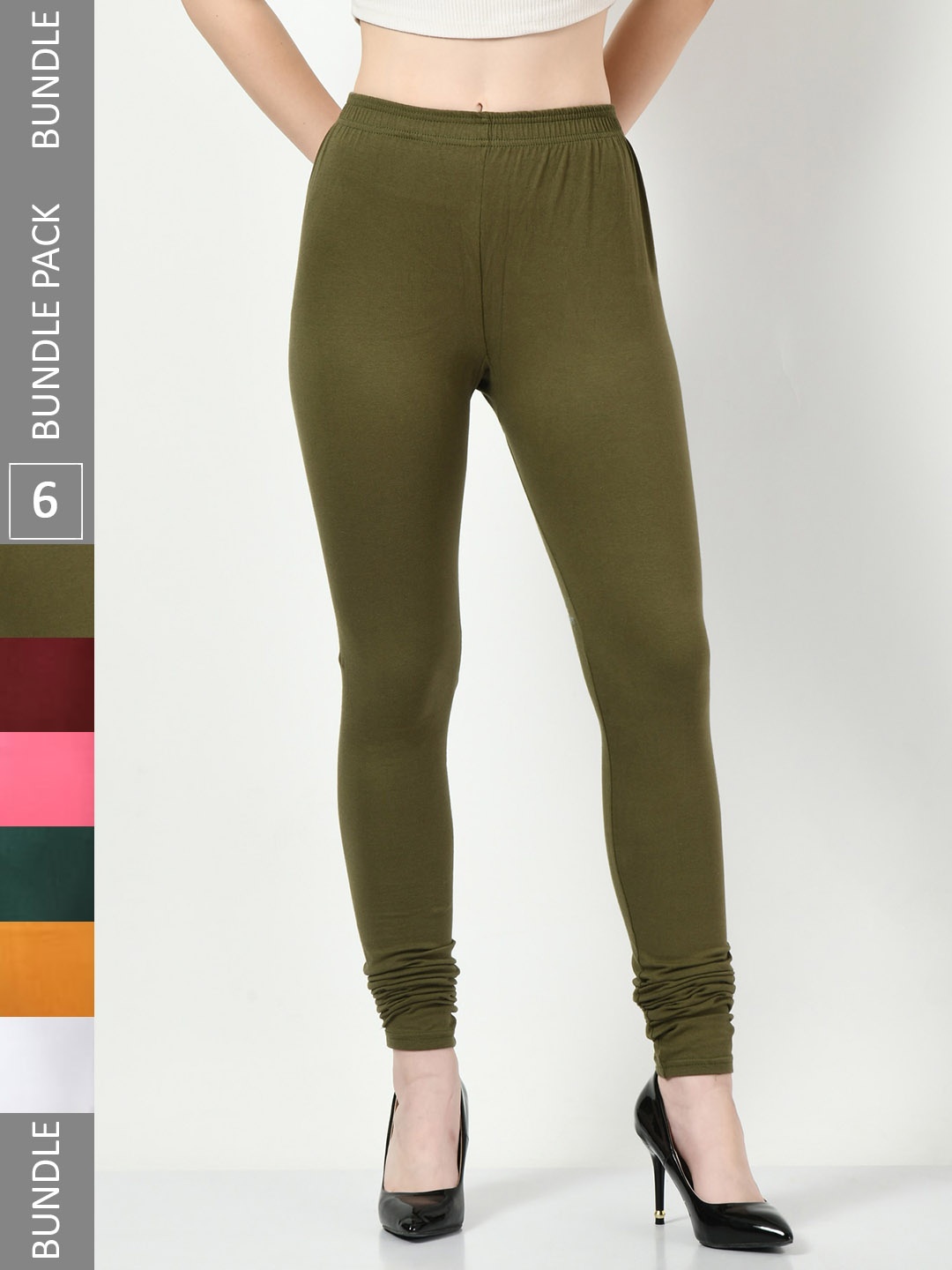 

BAESD Pack Of 6 Churidar-Length Soft Leggings, Olive