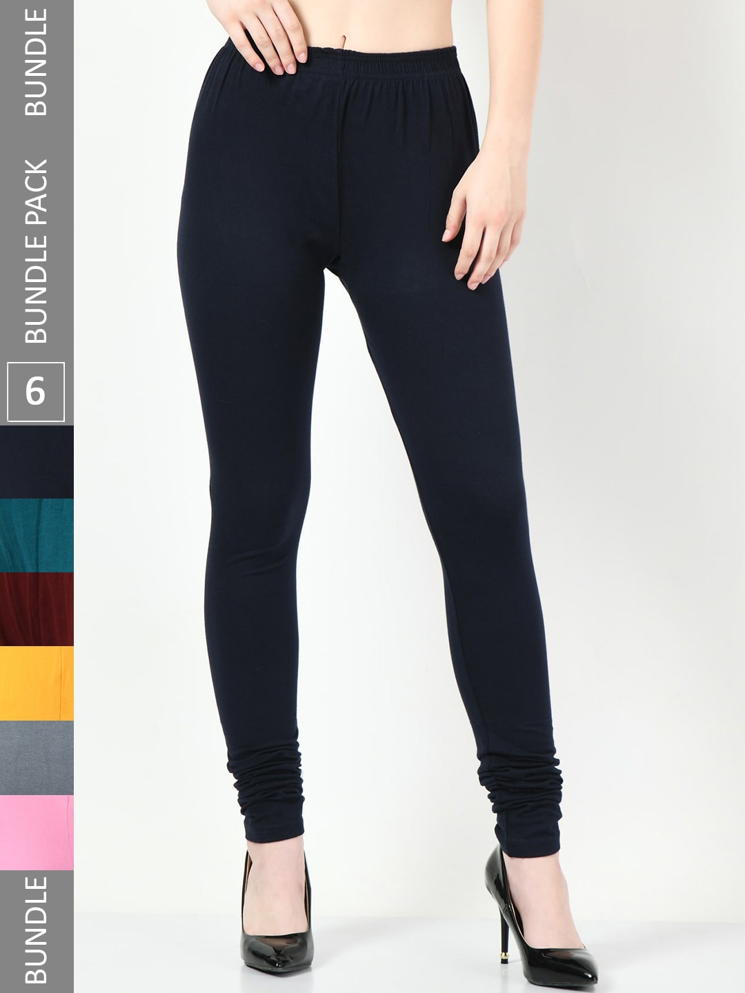 

BAESD Pack Of 6 Mid-Rise Churidar-Length Cotton Lycra Leggings, Navy blue