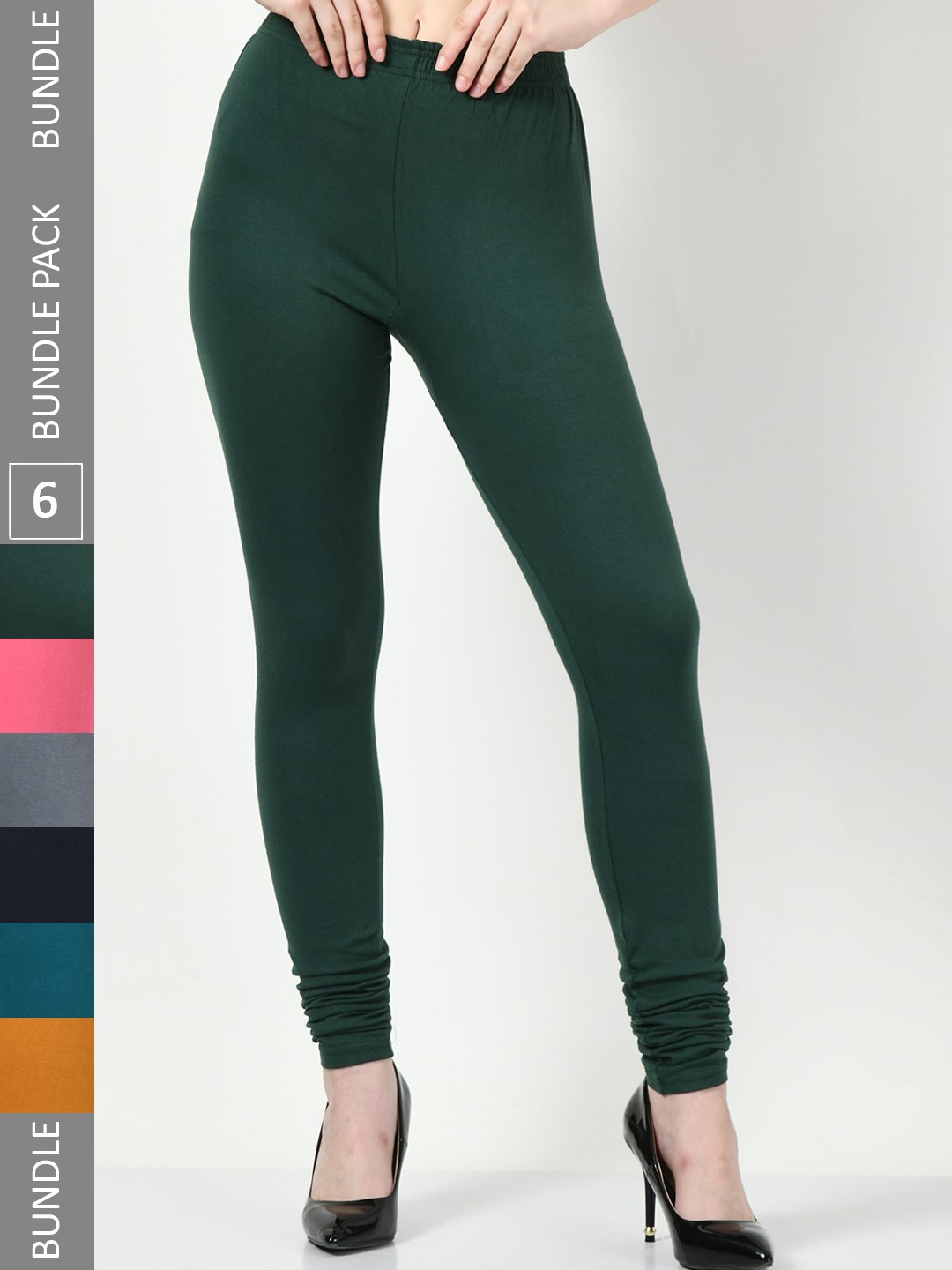 

BAESD Pack Of 6 Mid-Rise Cotton Lycra Churidar Length Leggings, Green