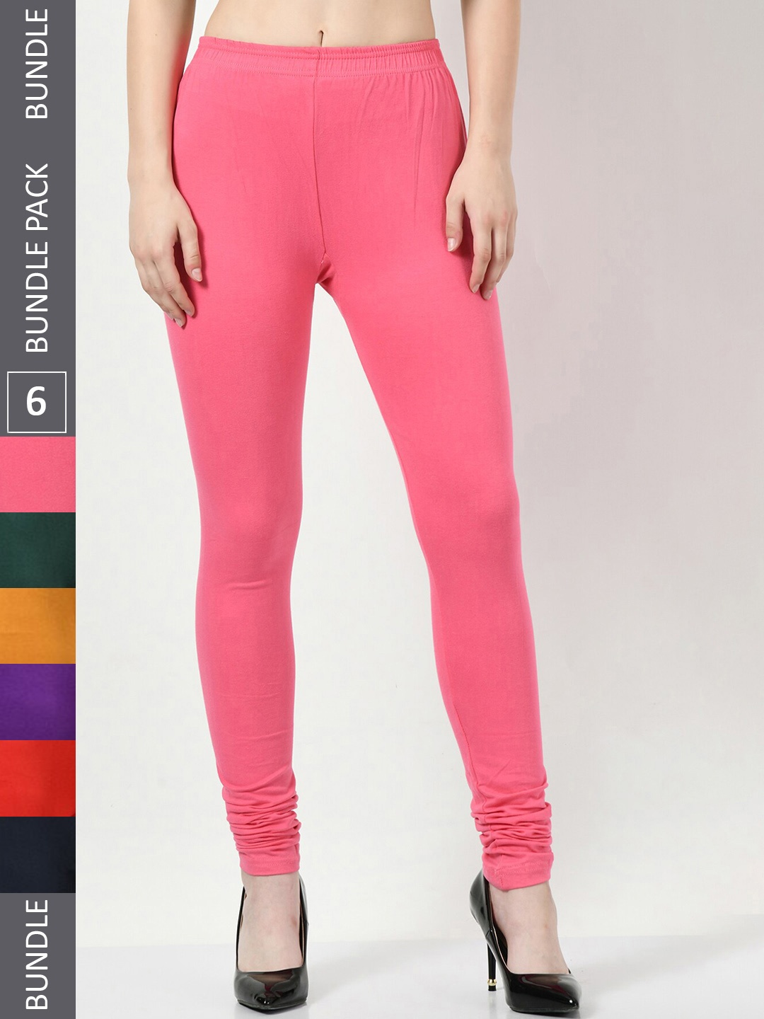

BAESD Pack Of 6 Mid-Rise Cotton Lycra Churidar Length Leggings, Pink