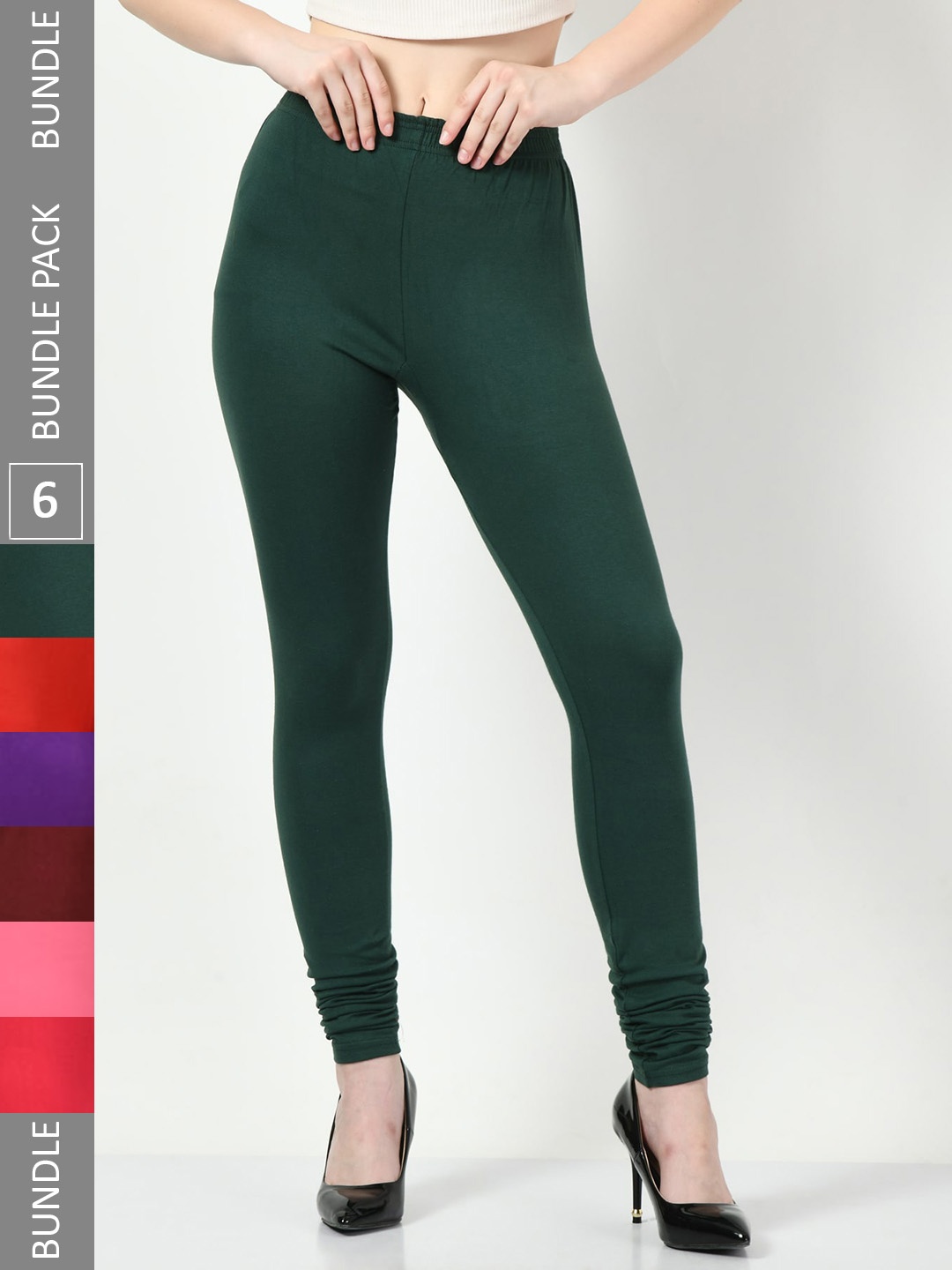 

BAESD Women Pack of 6 Churidar-Length Cotton Lycra Leggings, Green