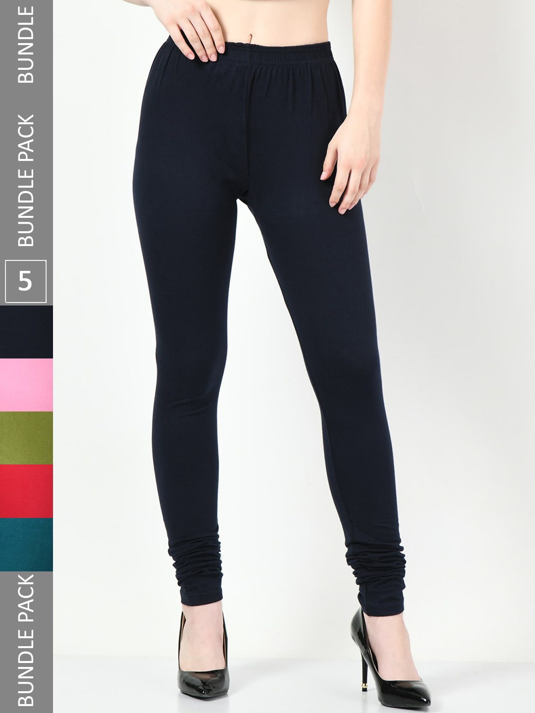 

BAESD Pack Of 5 Mid-Rise Churidar-Length Cotton Lycra Leggings, Navy blue
