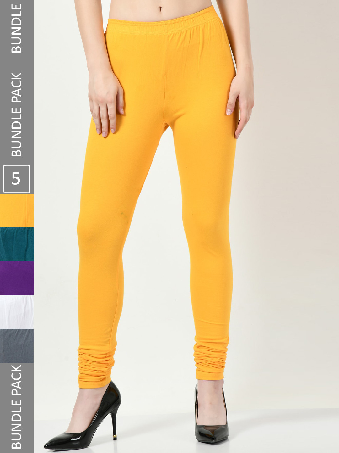 

BAESD Women Pack Of 5 Churidar-Length Leggings, Yellow