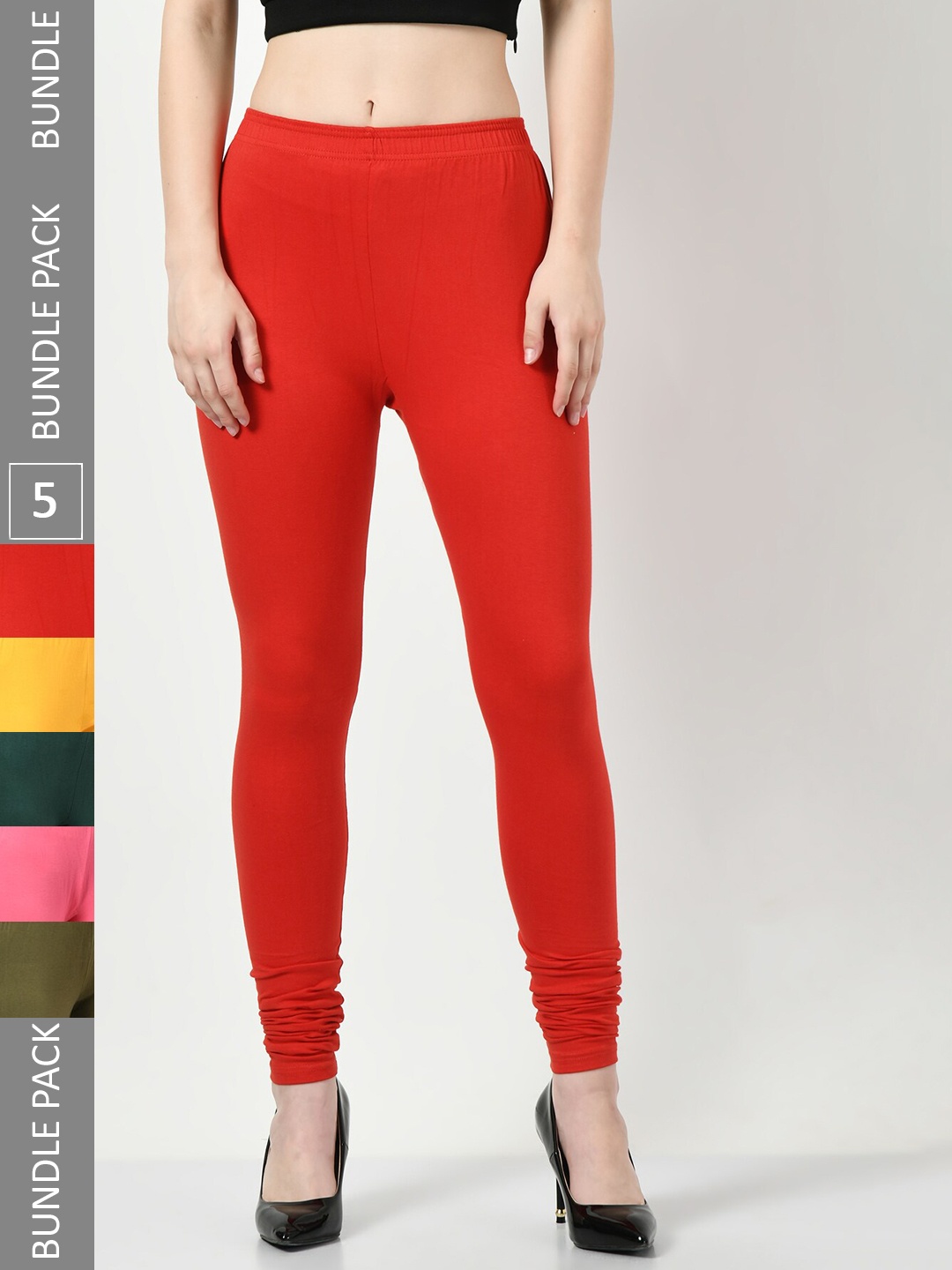 

BAESD Pack Of 5 Churidar-Length Soft Cotton Lycra Leggings, Red