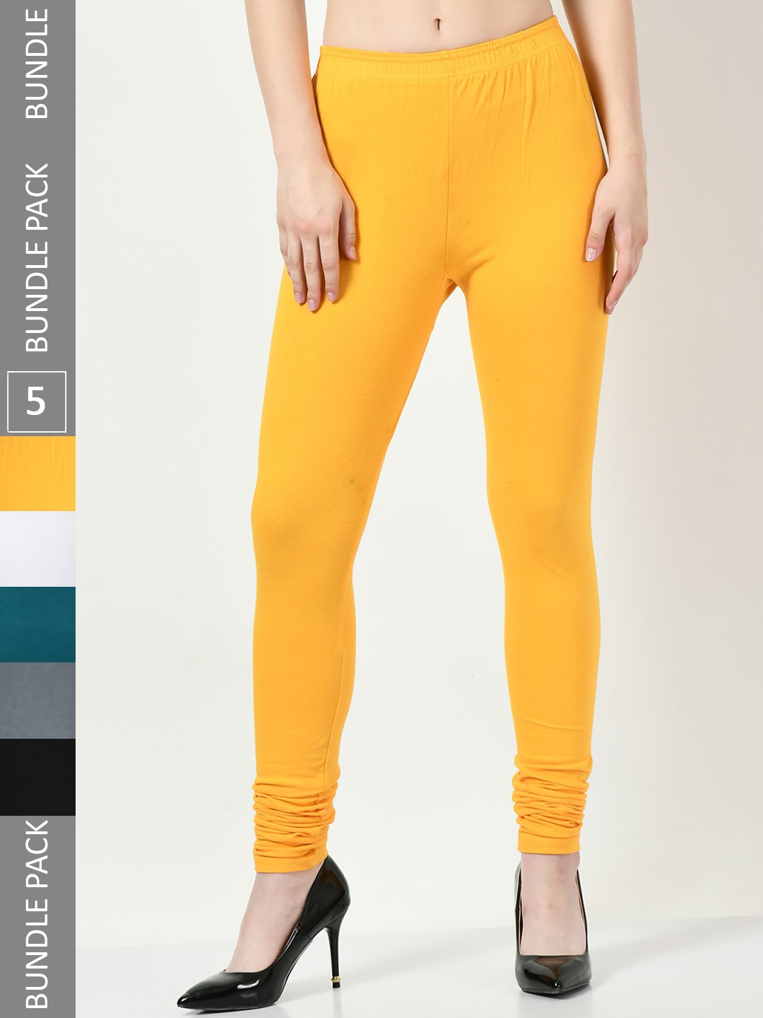 

BAESD Pack Of 5 Slim-Fit Churidar Length Cotton Lycra Leggings, Yellow