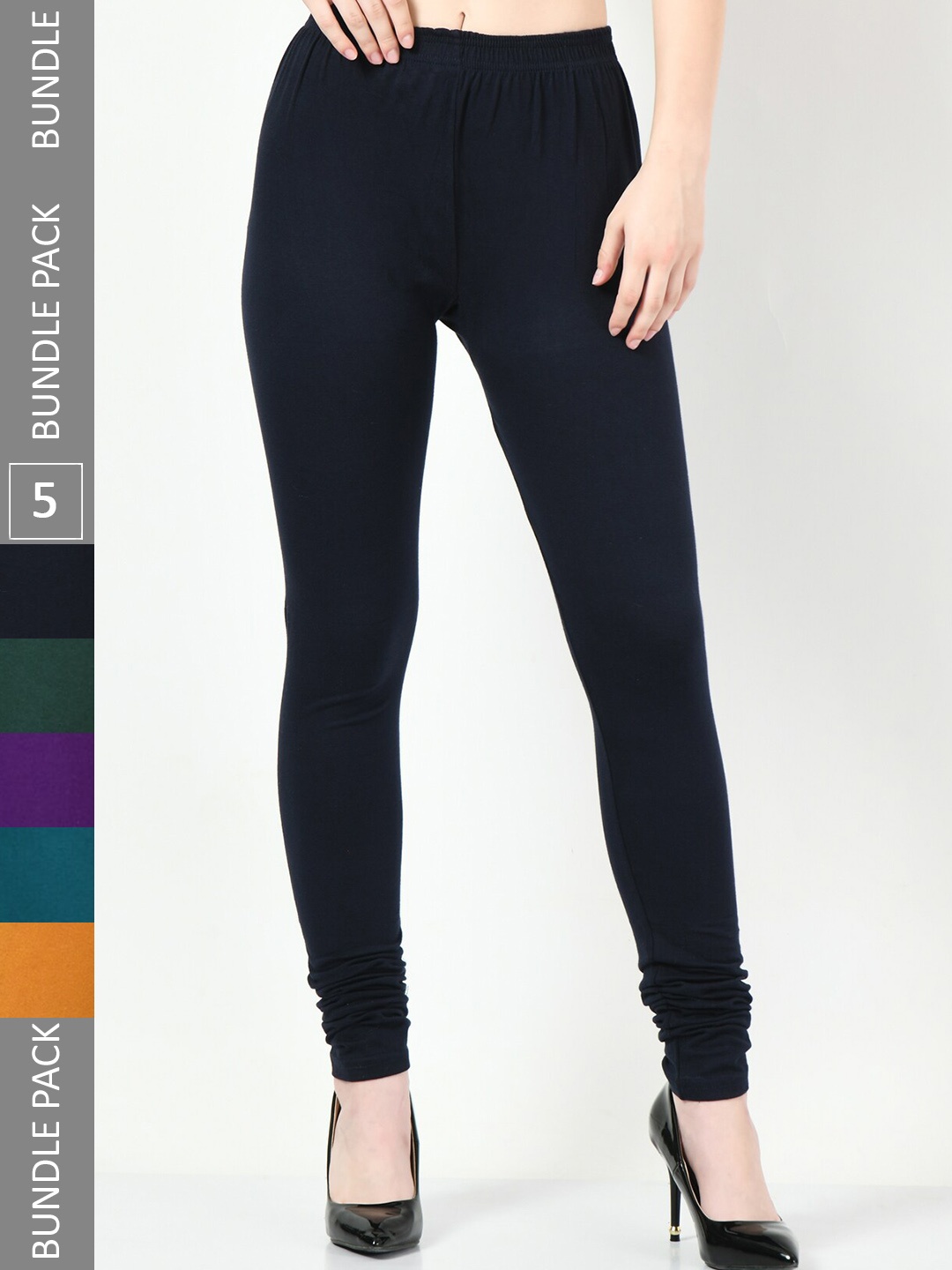 

BAESD Pack Of 5 Mid-Rise Cotton Lycra Churidar Length Leggings, Black