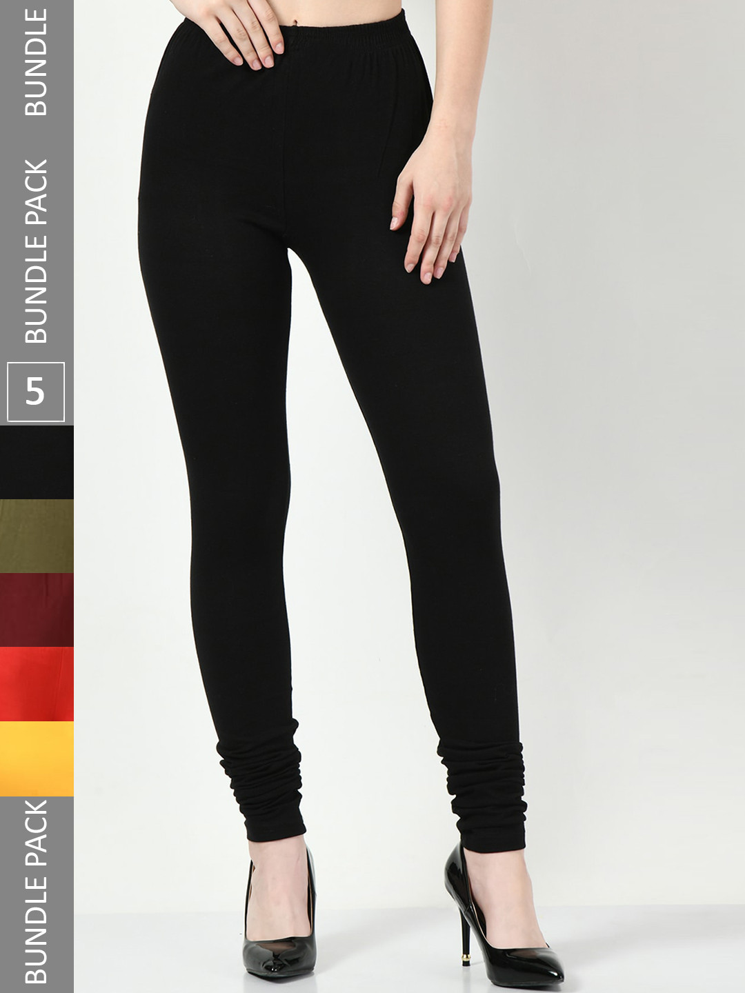 

BAESD Pack Of 5 Slim-Fit Churidar-Length Cotton Lycra Leggings, Black