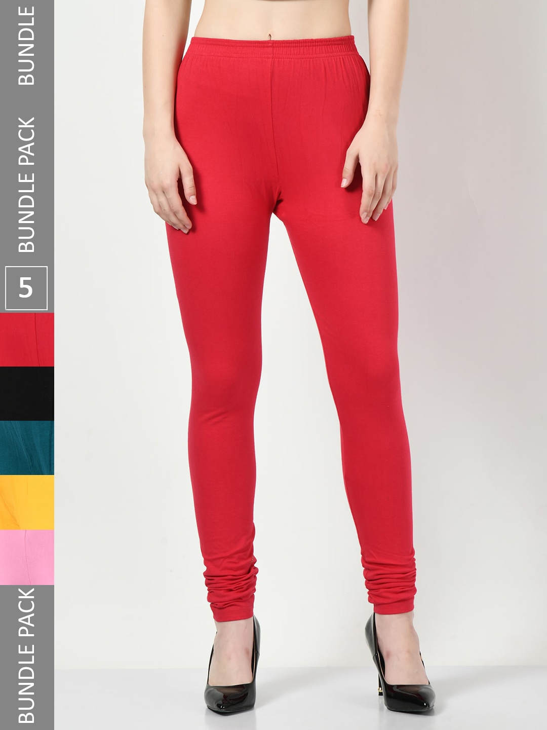 

BAESD Pack Of 5 Slim-Fit Cotton Churidar Length Leggings, Red