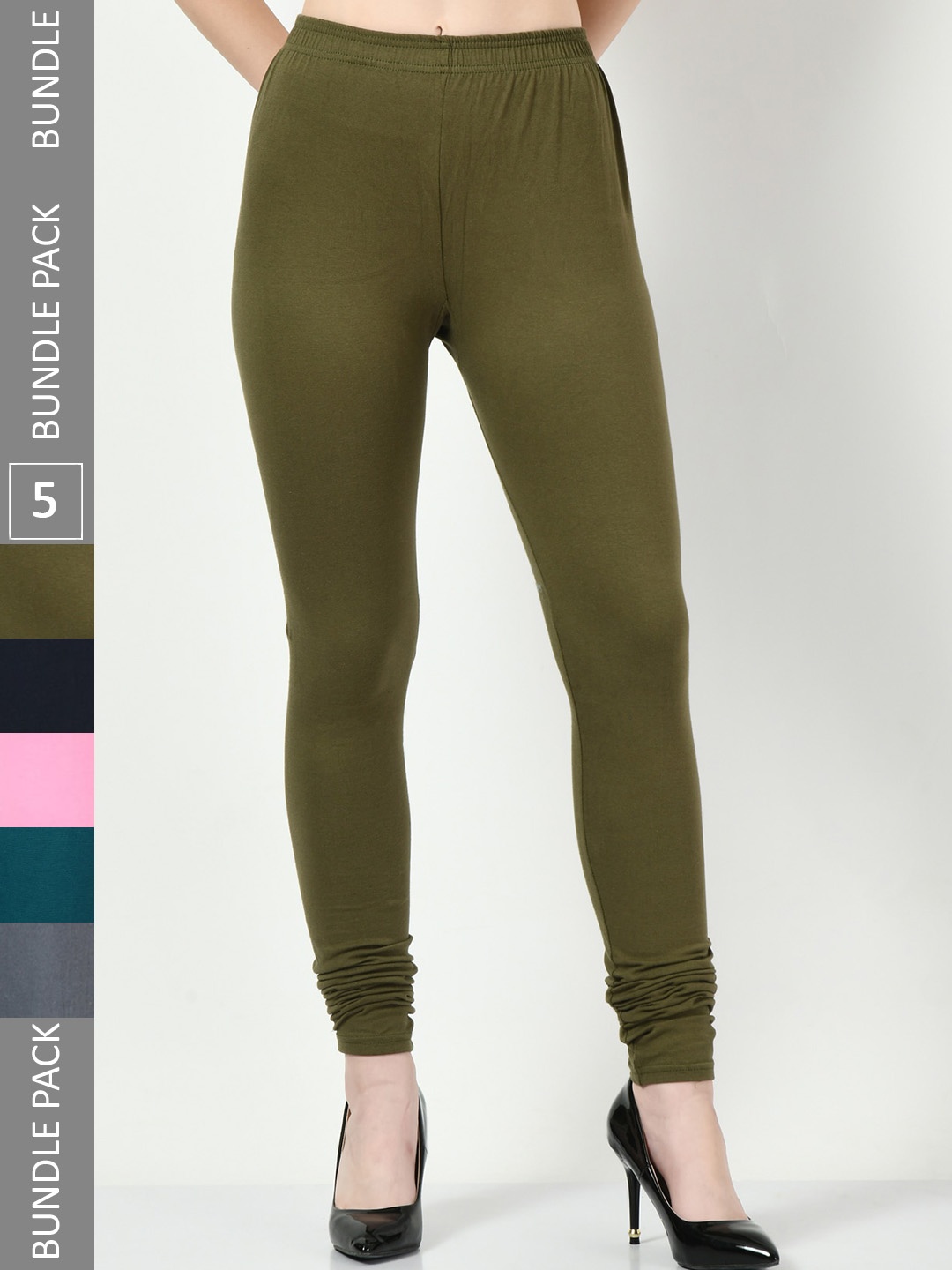 

BAESD Pack Of 5 Slim-Fit Churidar-Length Cotton Soft Leggings, Olive