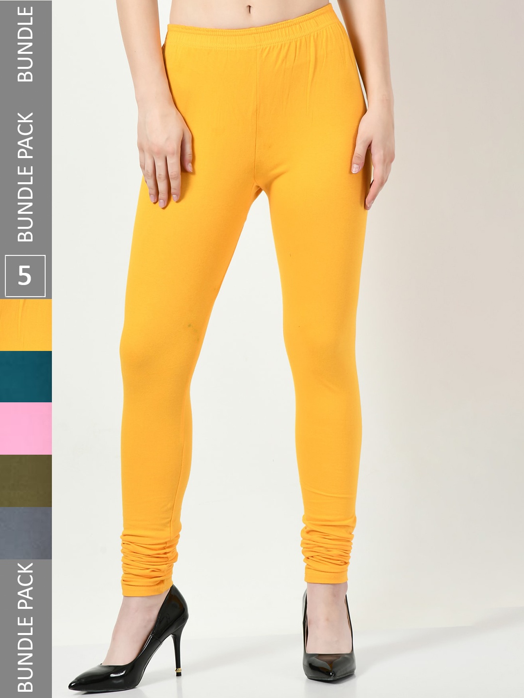 

BAESD Pack of 5 Cotton Lycra Churidar-Length Leggings, Yellow