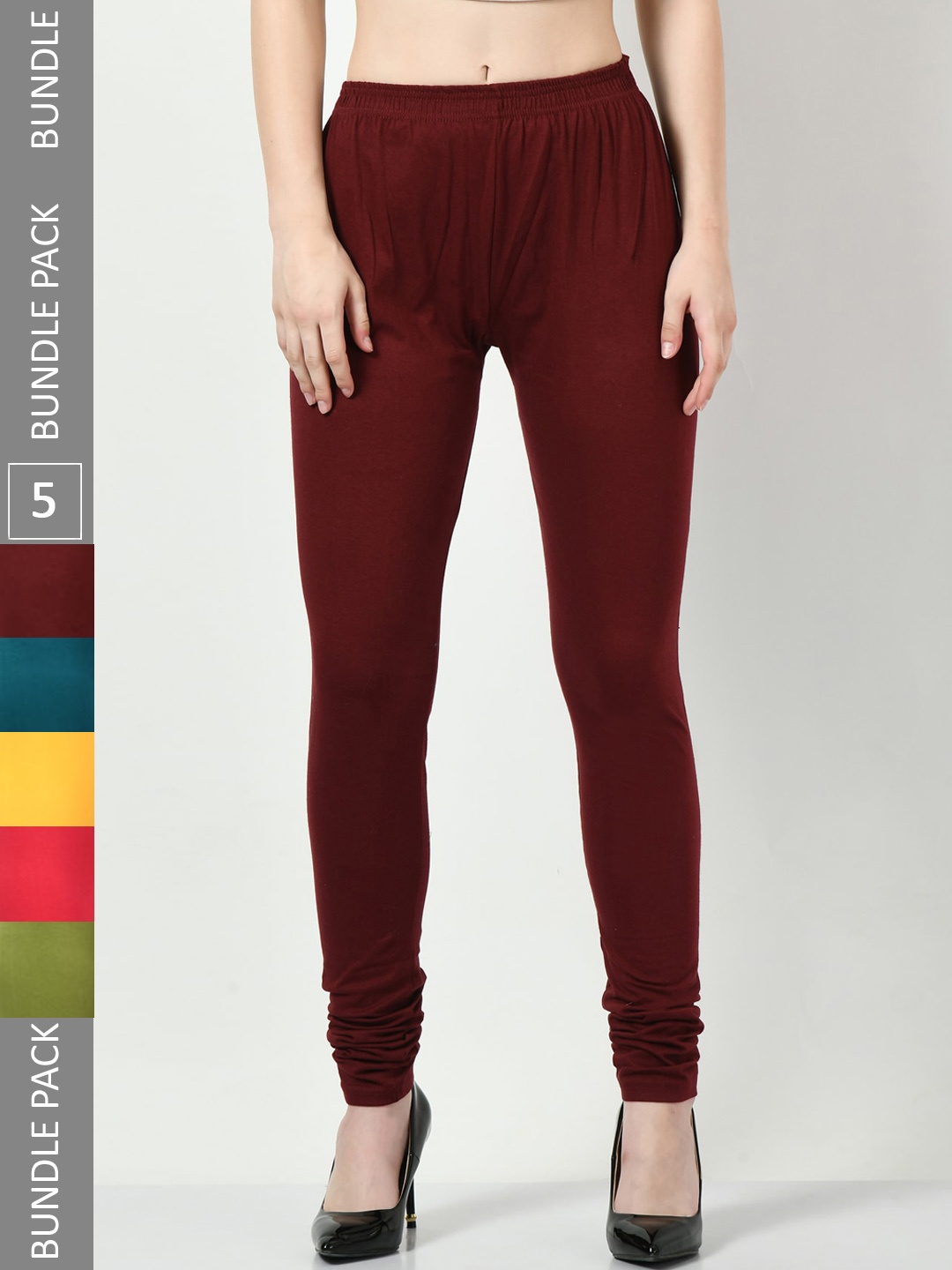 

BAESD Pack Of 5 Slim-Fit Churidar-Length Cotton Lycra Leggings, Maroon